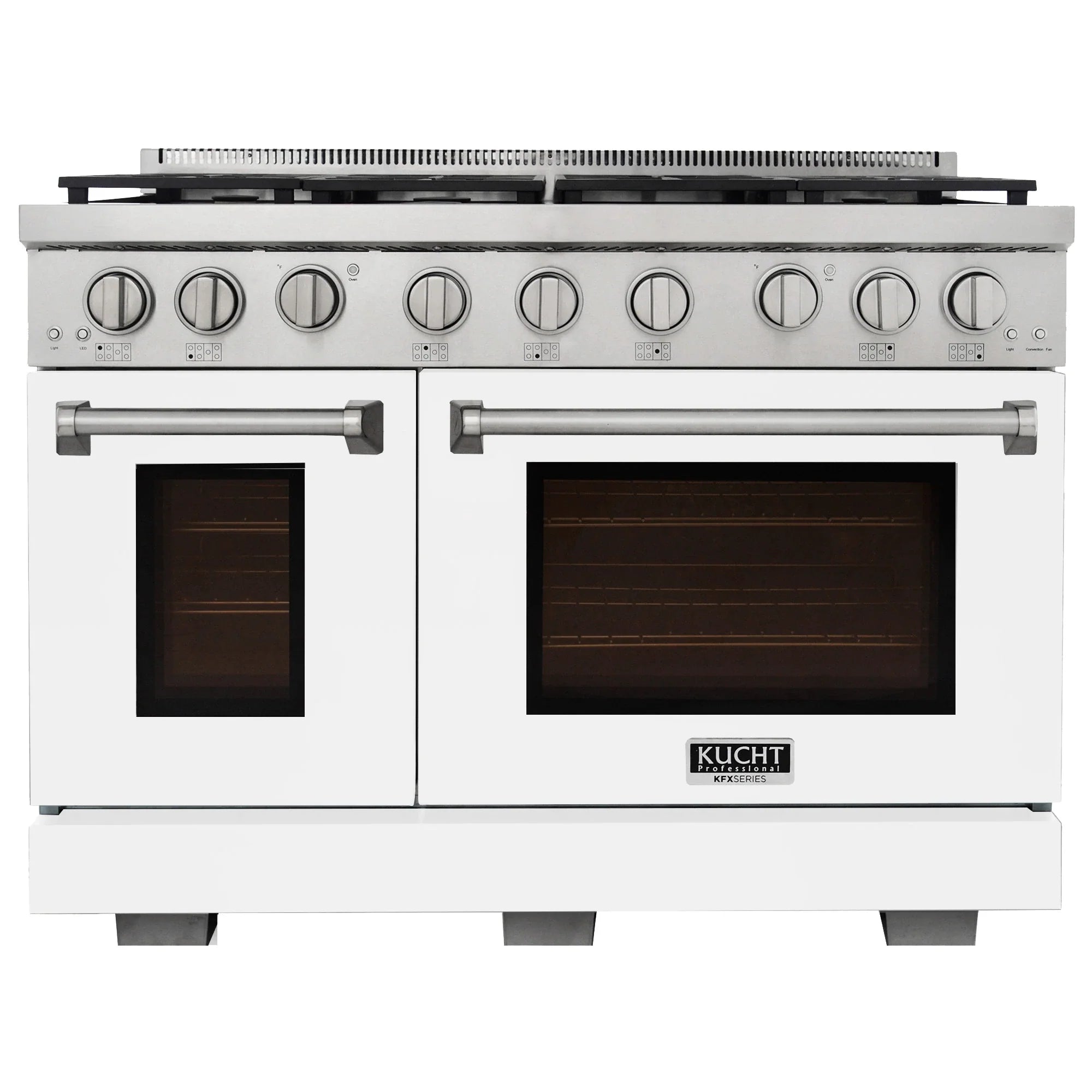White gas range with front control knobs, two oven doors, and two back burners