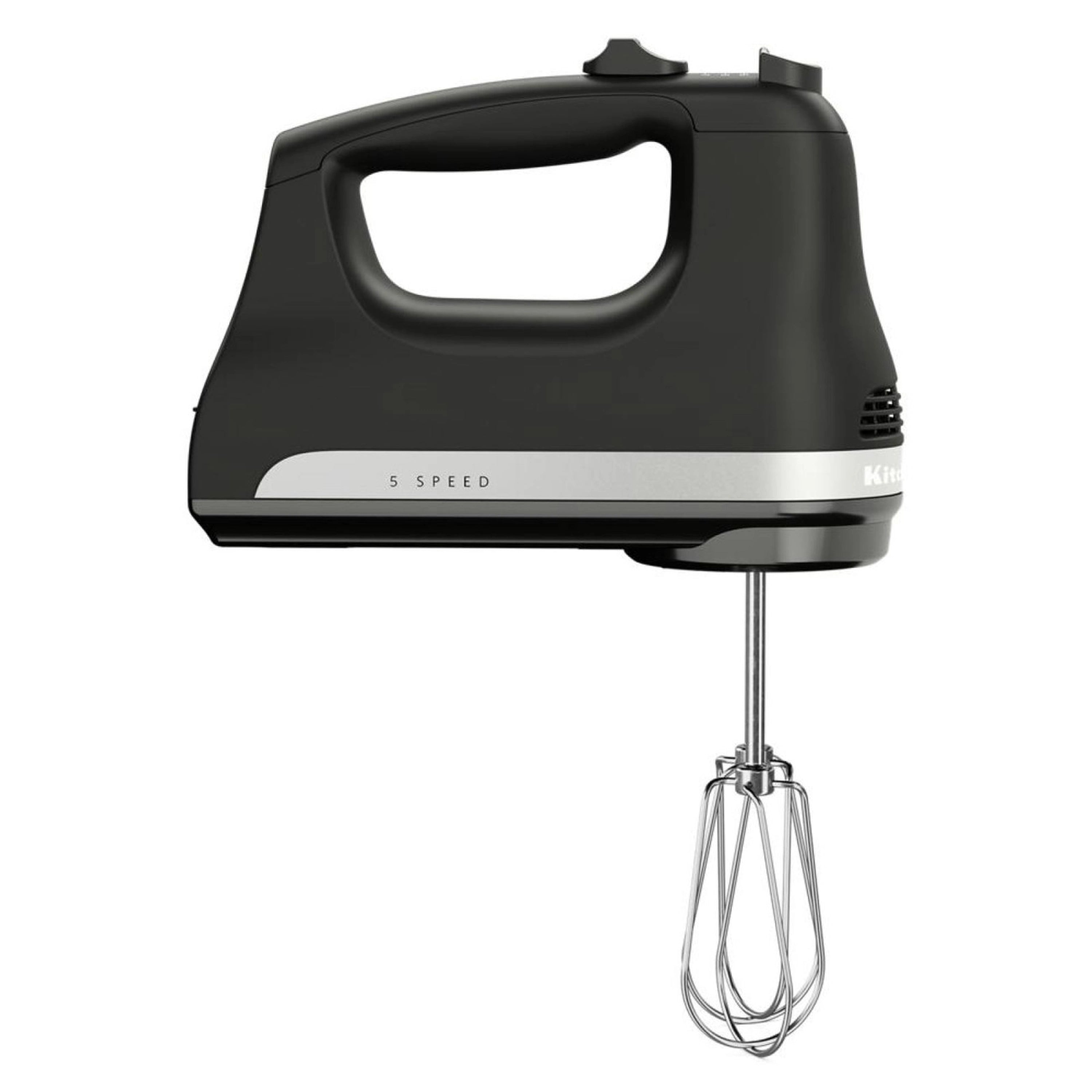 Black matte hand mixer with chrome beaters