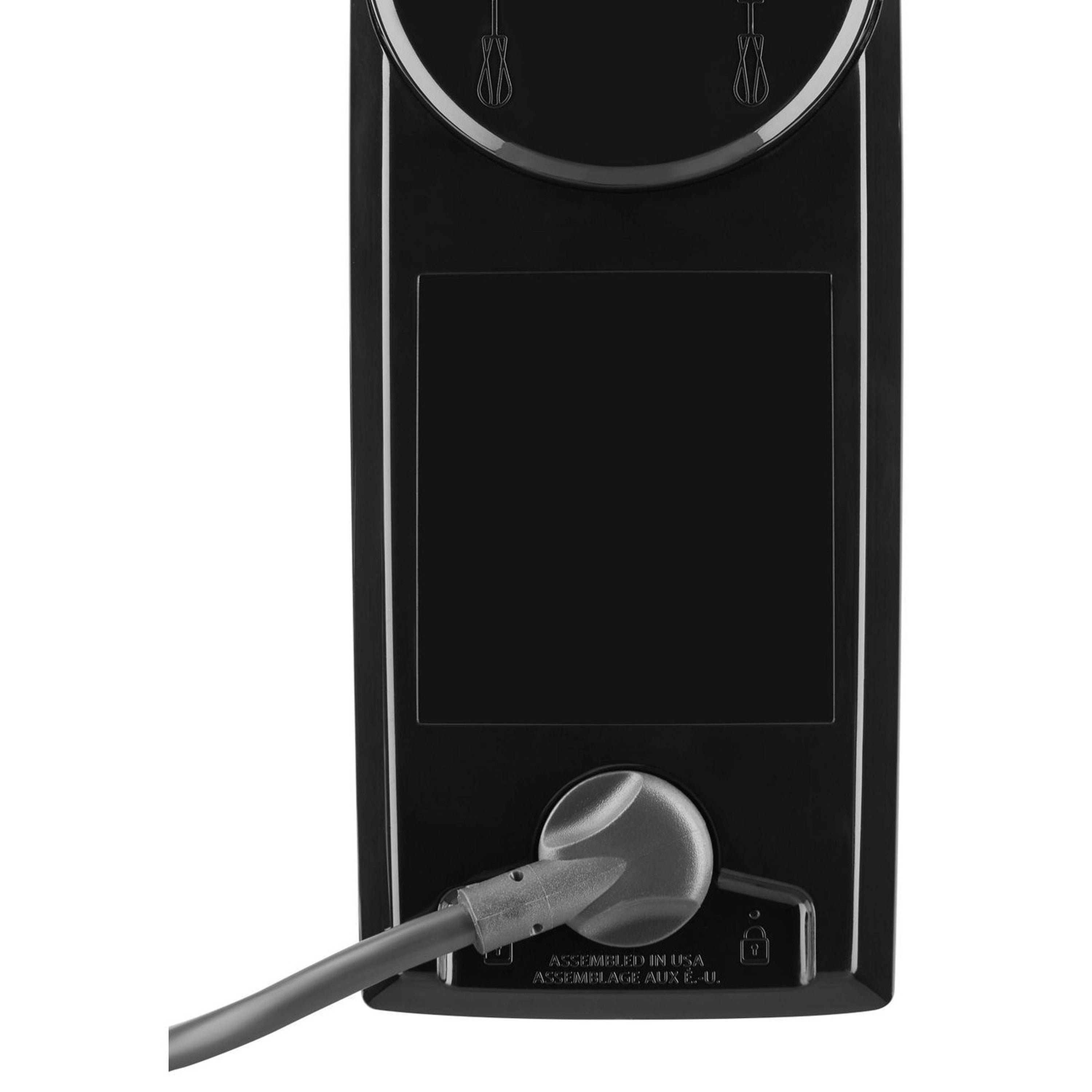 Black hand mixer rear view with power cord and outlet