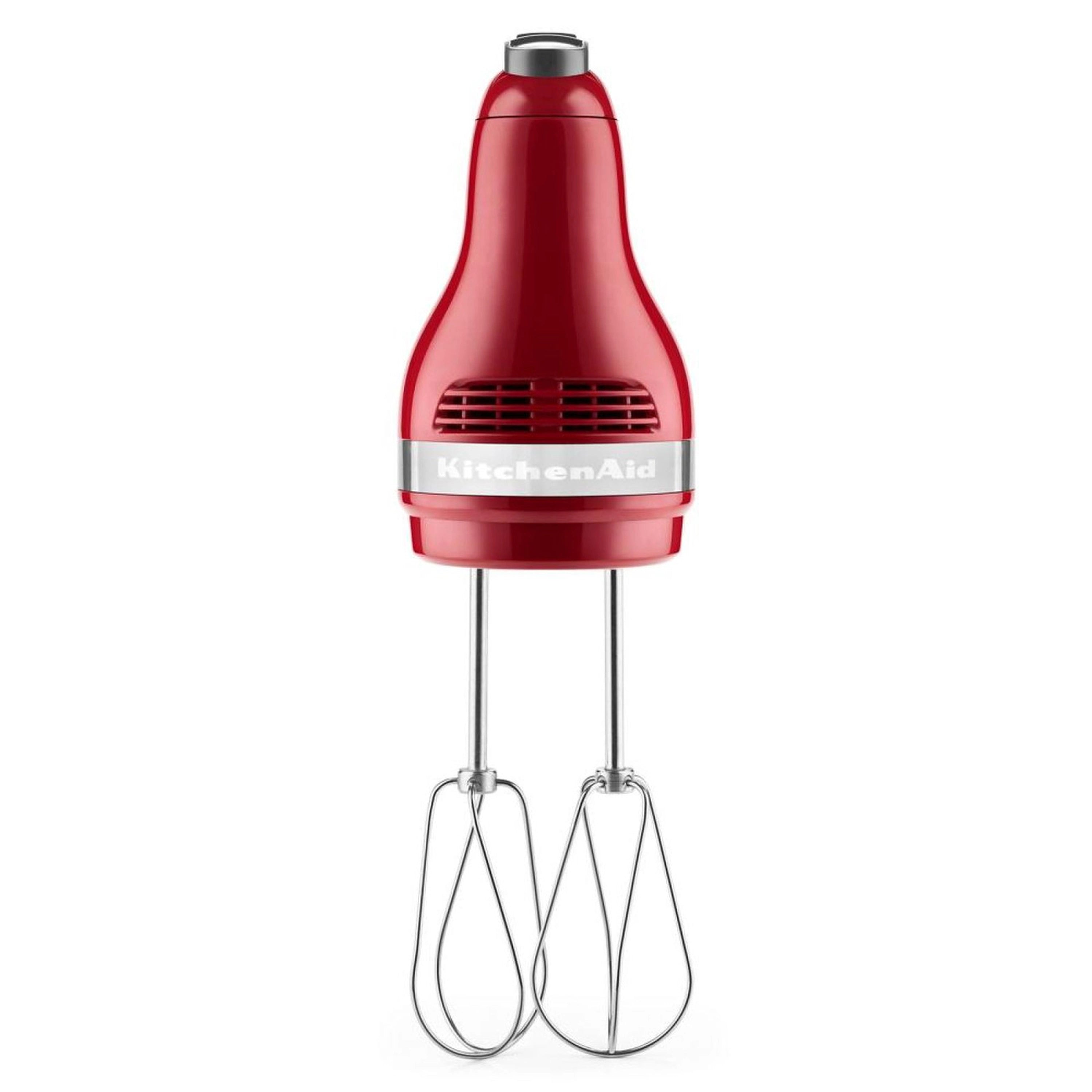 Red KitchenAid 5-speed hand mixer with front vented housing and two beaters