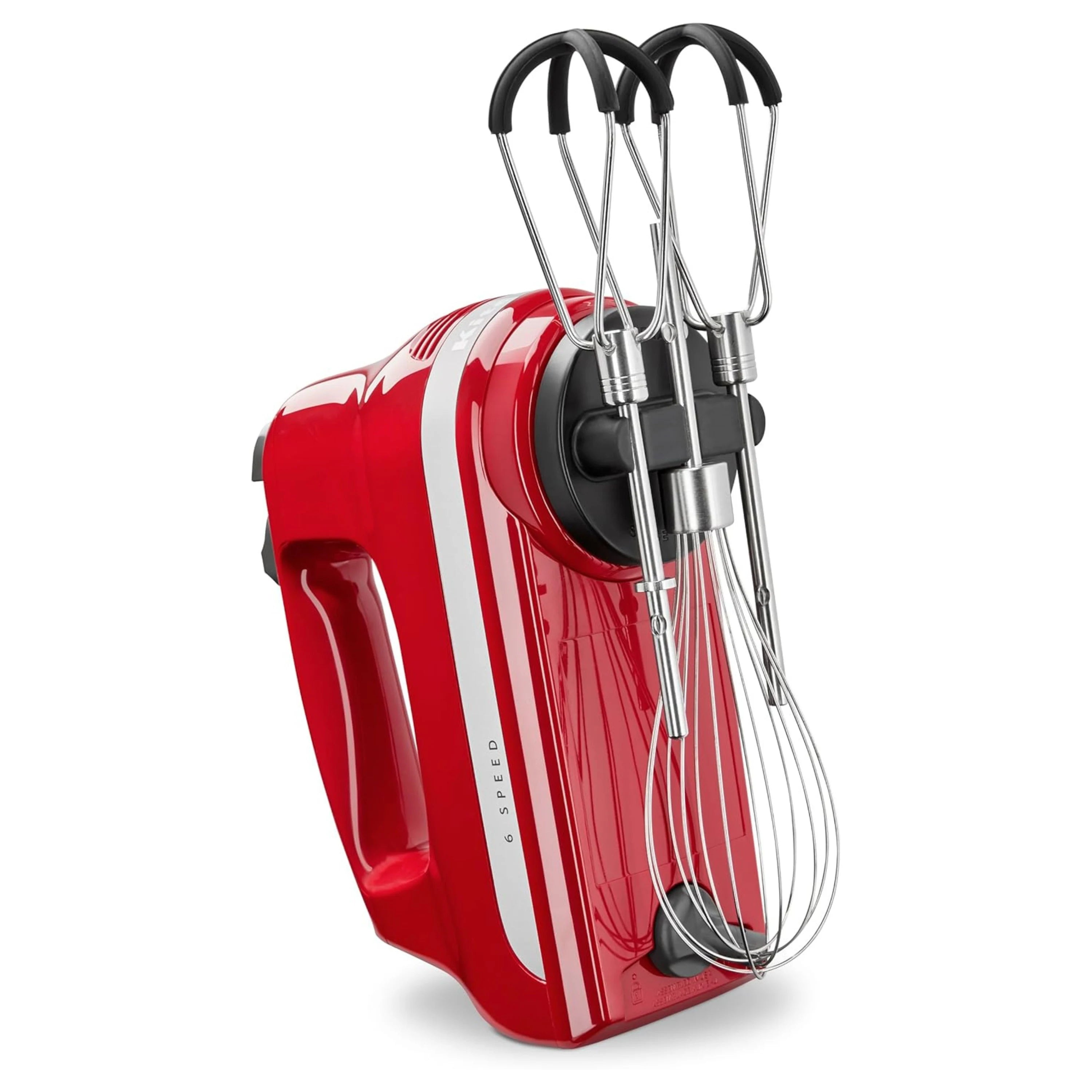 Red handheld mixer with metal beaters and black release button