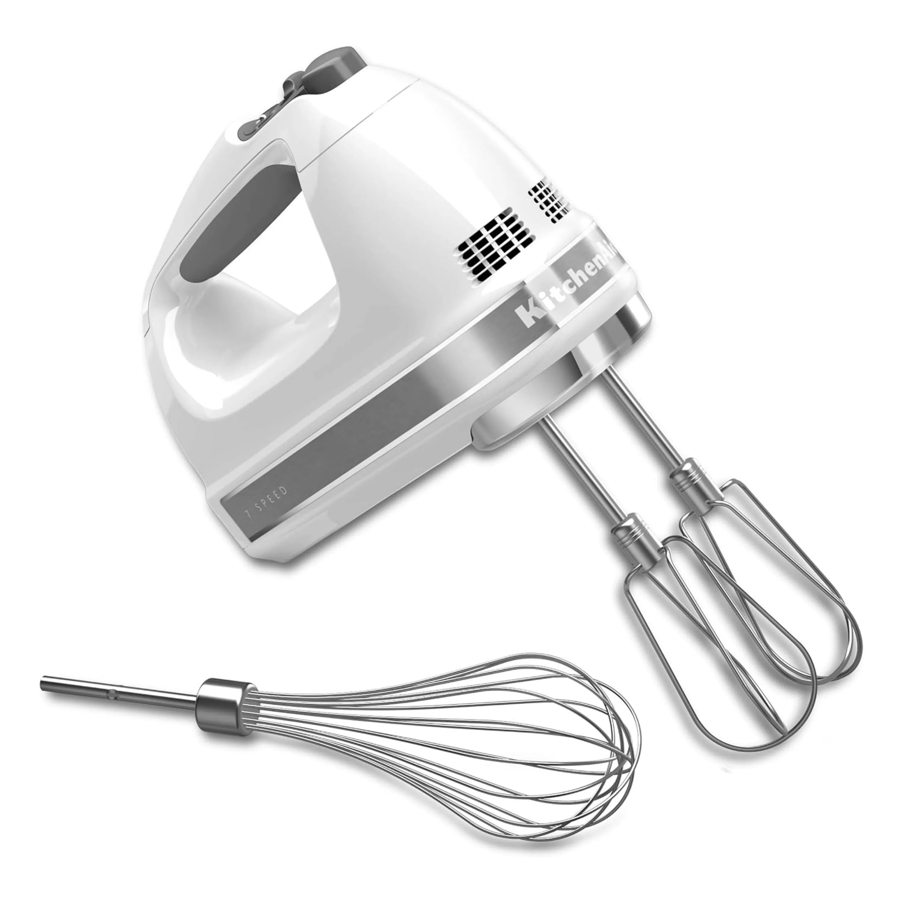 White 7-speed hand mixer with whisk attachments and power cord
