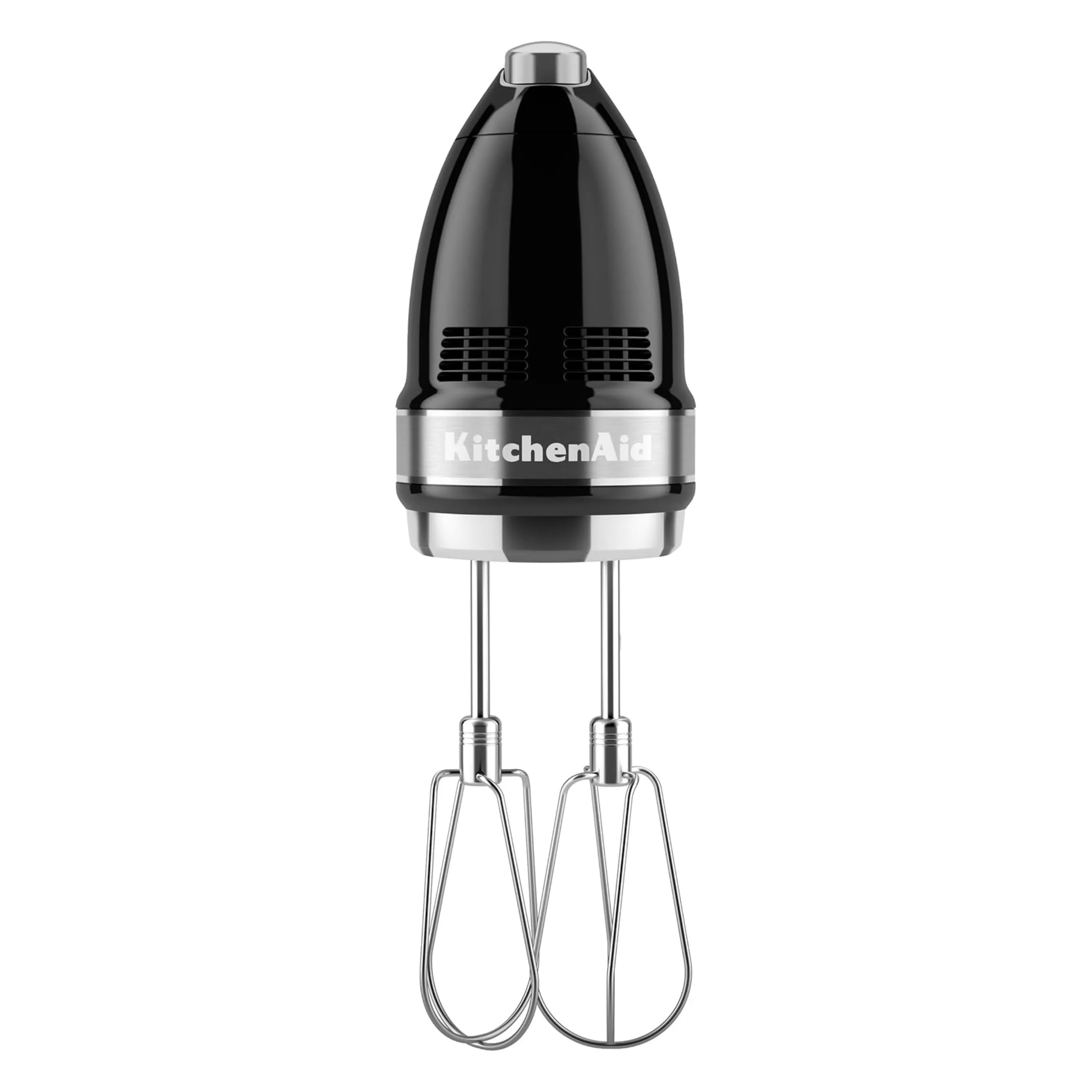 KitchenAid onyx black 9-speed digital hand mixer with two stainless beaters attached