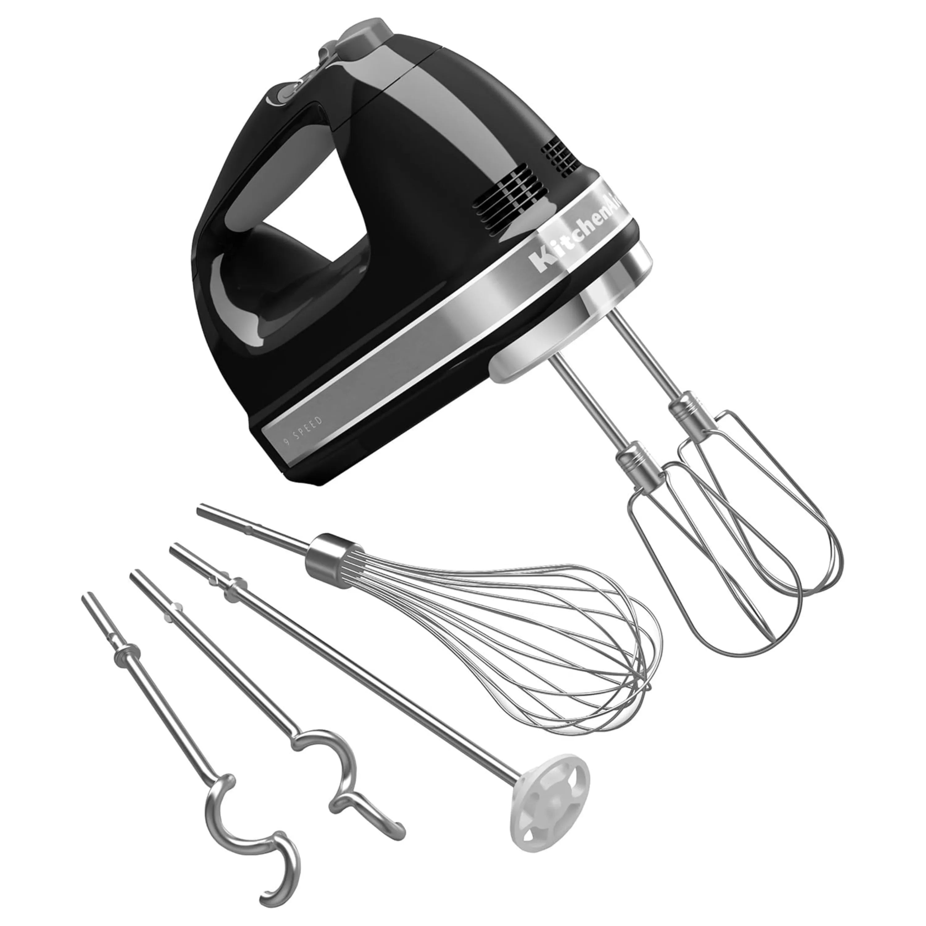 KitchenAid onyx black 9-speed digital hand mixer with whisk and dough hook attachments