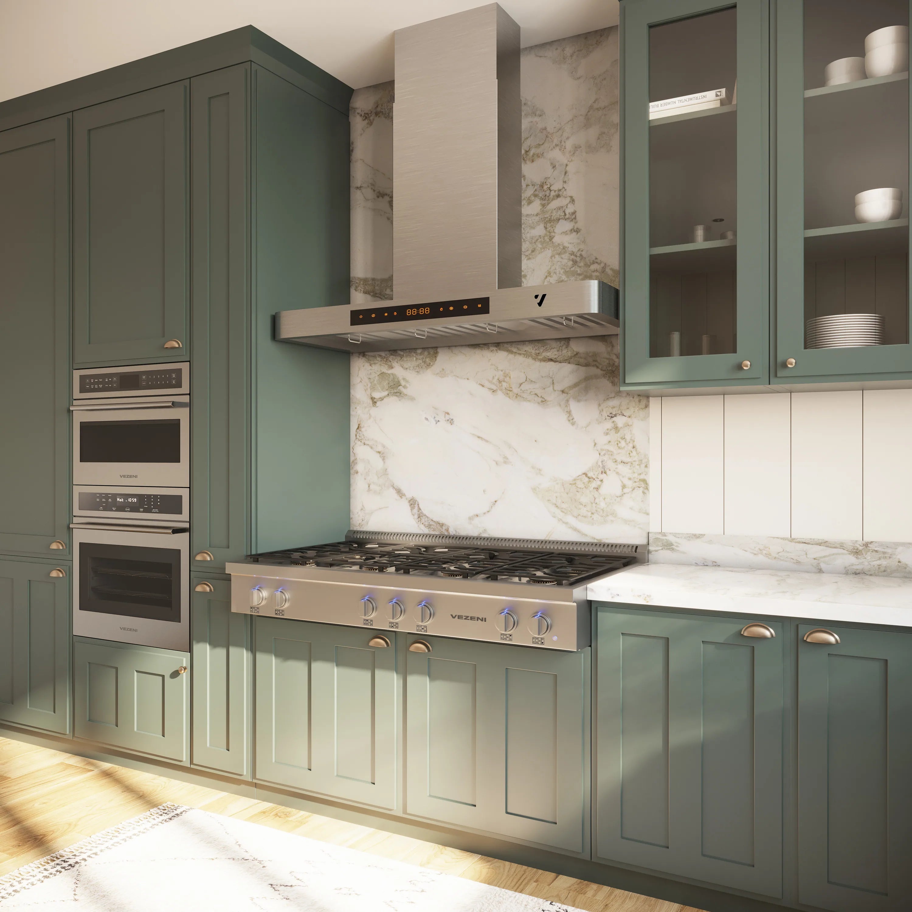 Stainless steel 48-inch gas rangetop with control knobs and front burner grates.