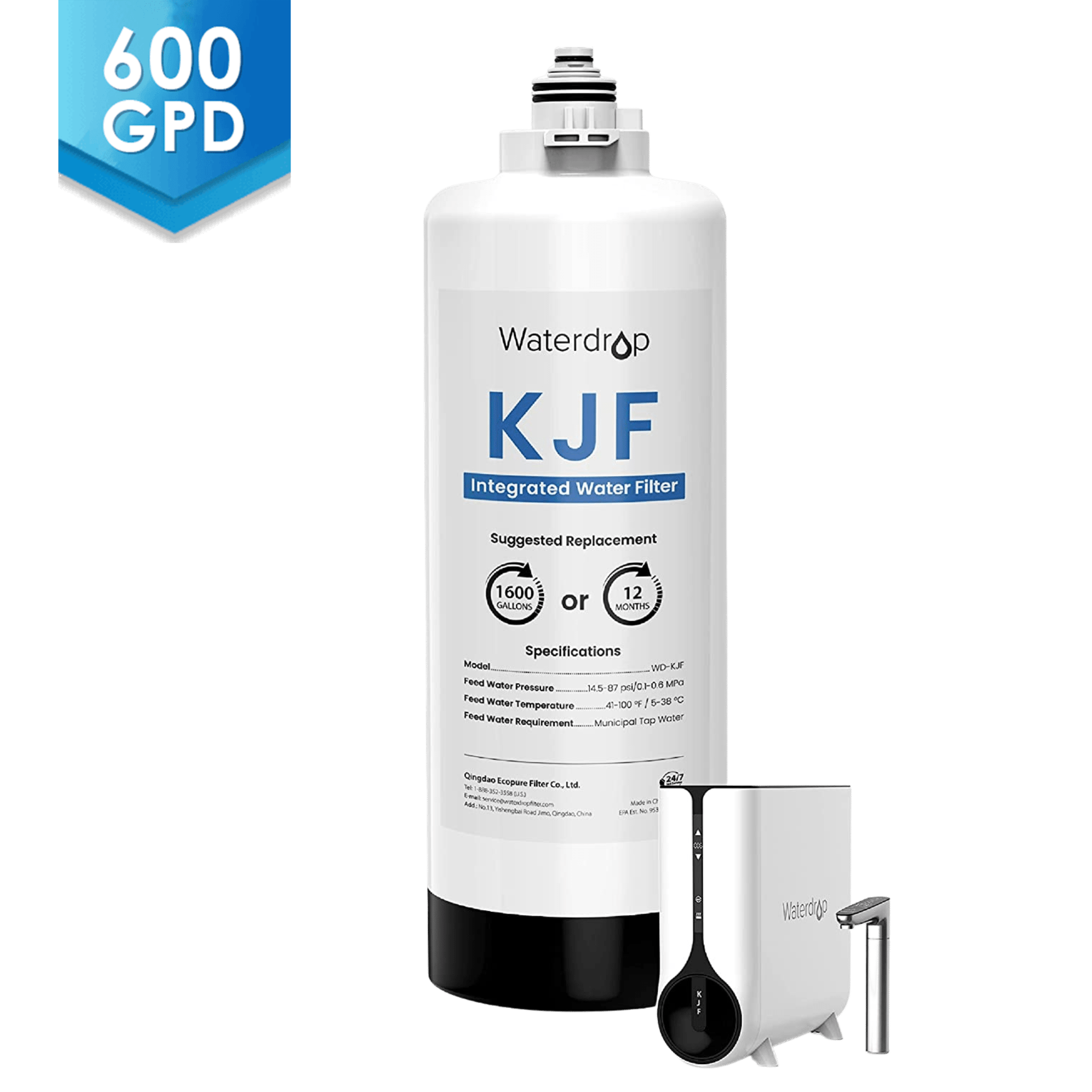 Waterdrop KJF integrated replacement filter cartridge with 600 GPD badge and accessories