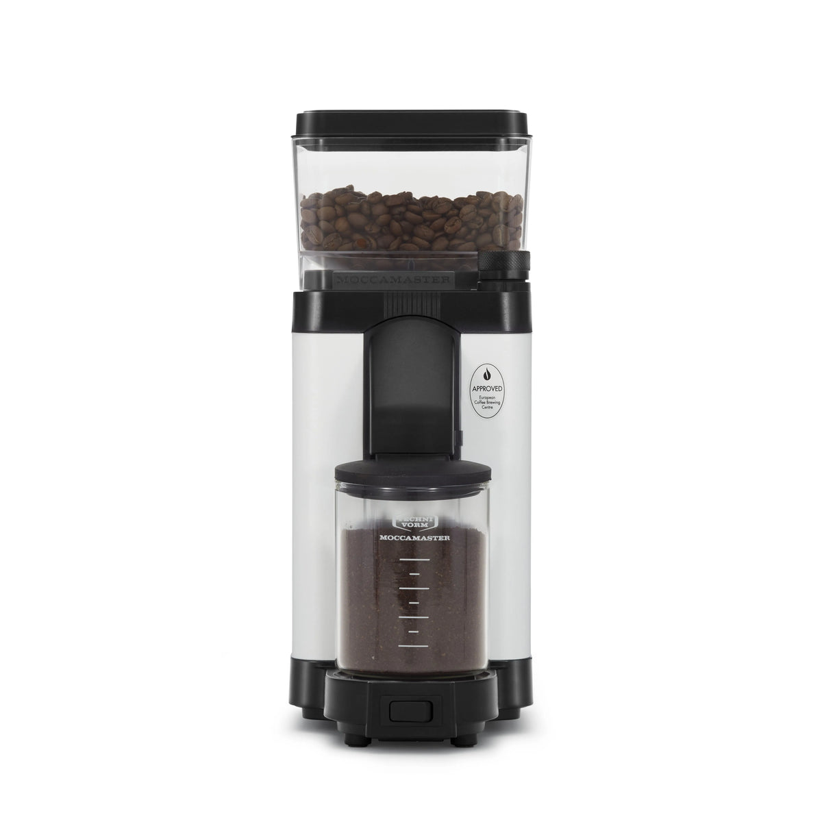 Matte white coffee burr grinder with clear bean hopper and grounds chute, front view.