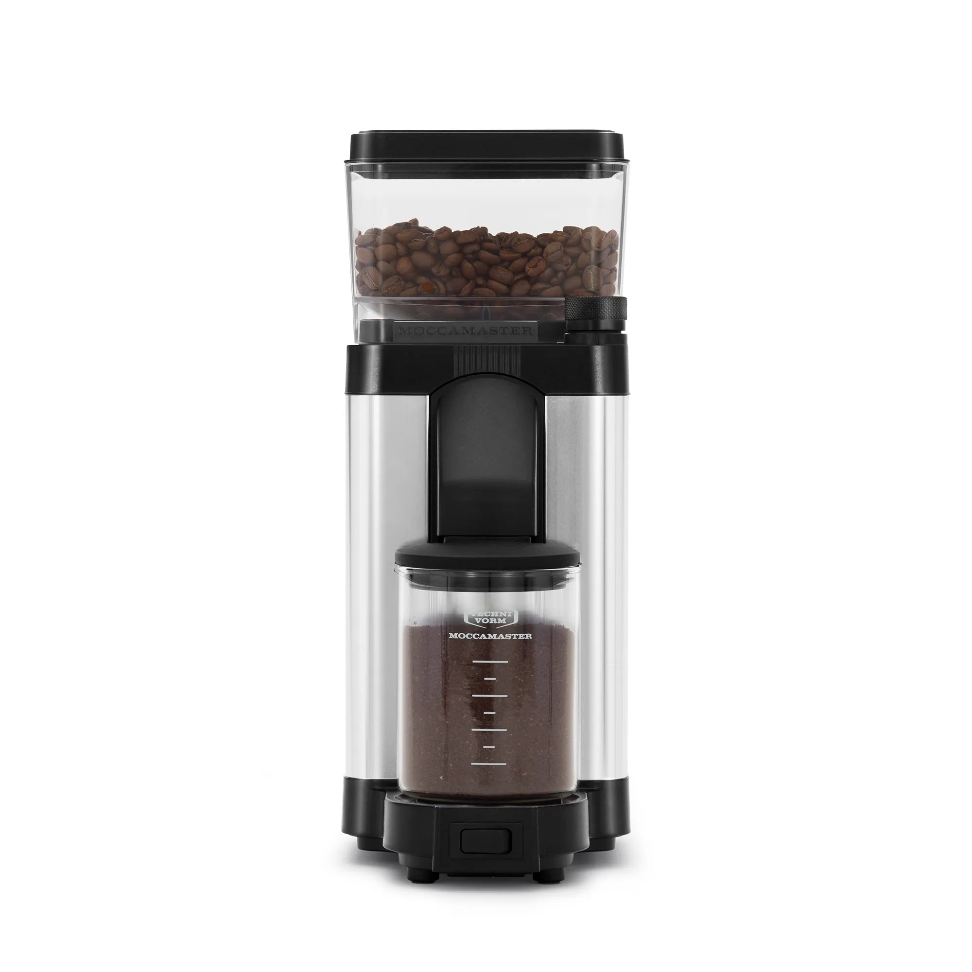 Polished silver burr grinder with black hopper lid and integrated grounds bin
