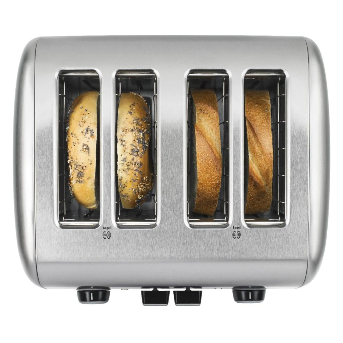 Brushed stainless steel 4-slice toaster with toasted bread in all four slots