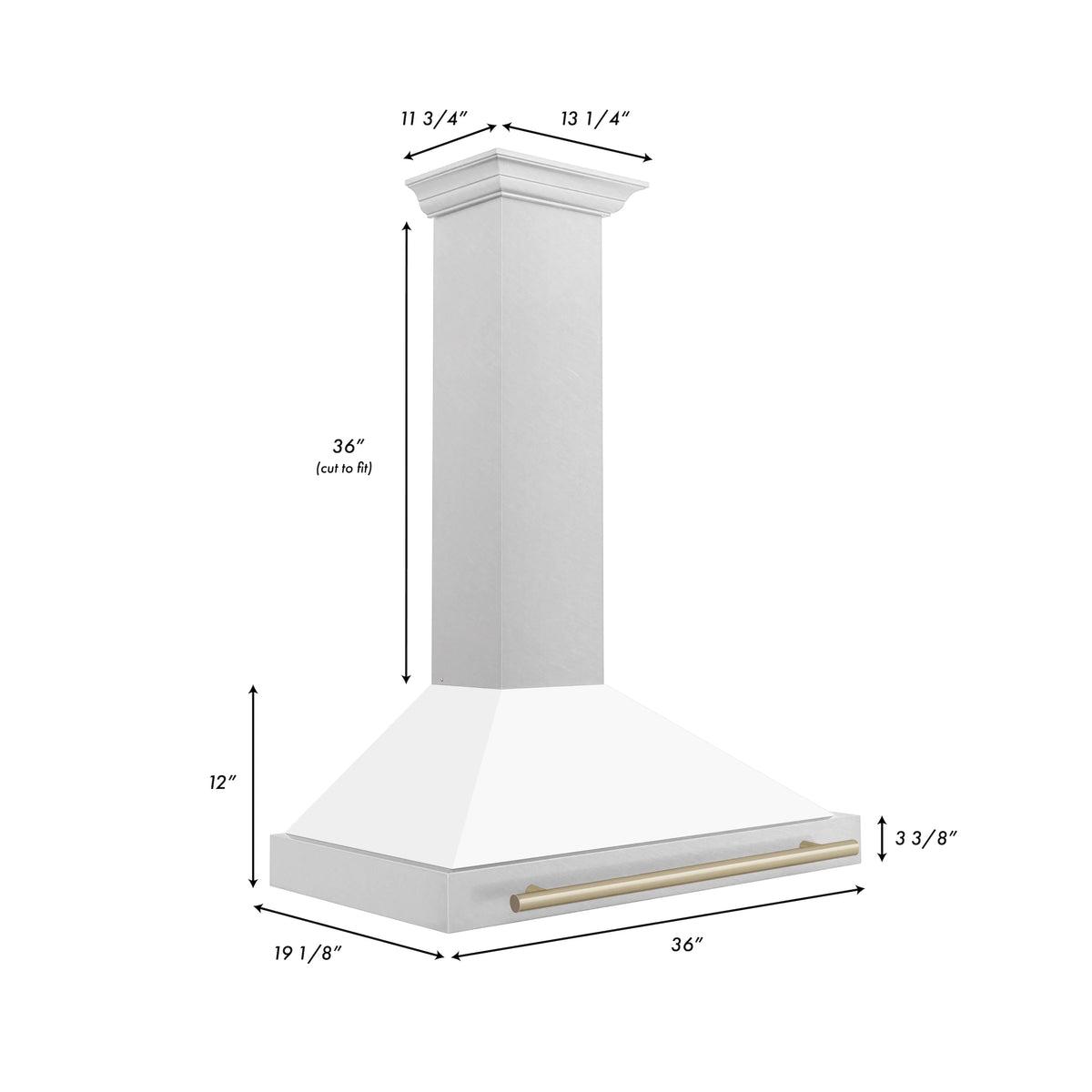 Range hood dimensions: 36-inch width, 12-inch depth, 36-inch height; white and champagne bronze
