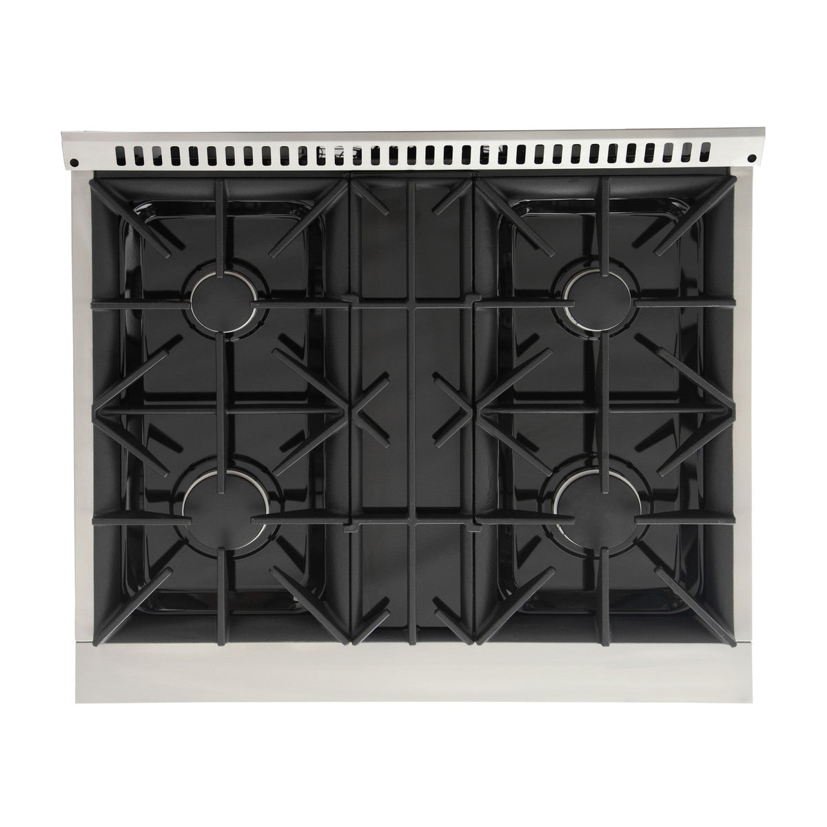 Five-burner cooktop with black cast grates and circular burner caps in stainless frame