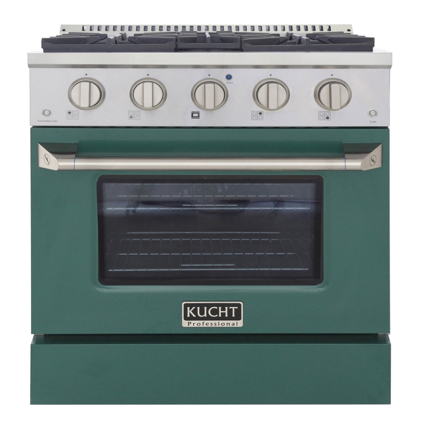 Stainless steel dual fuel range with green oven door and five control knobs