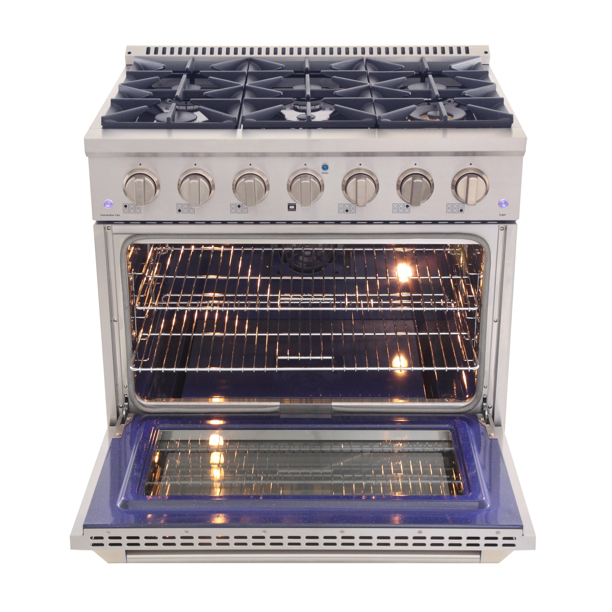 Cement gray gas range with open, lit convection oven and five-burner cooktop