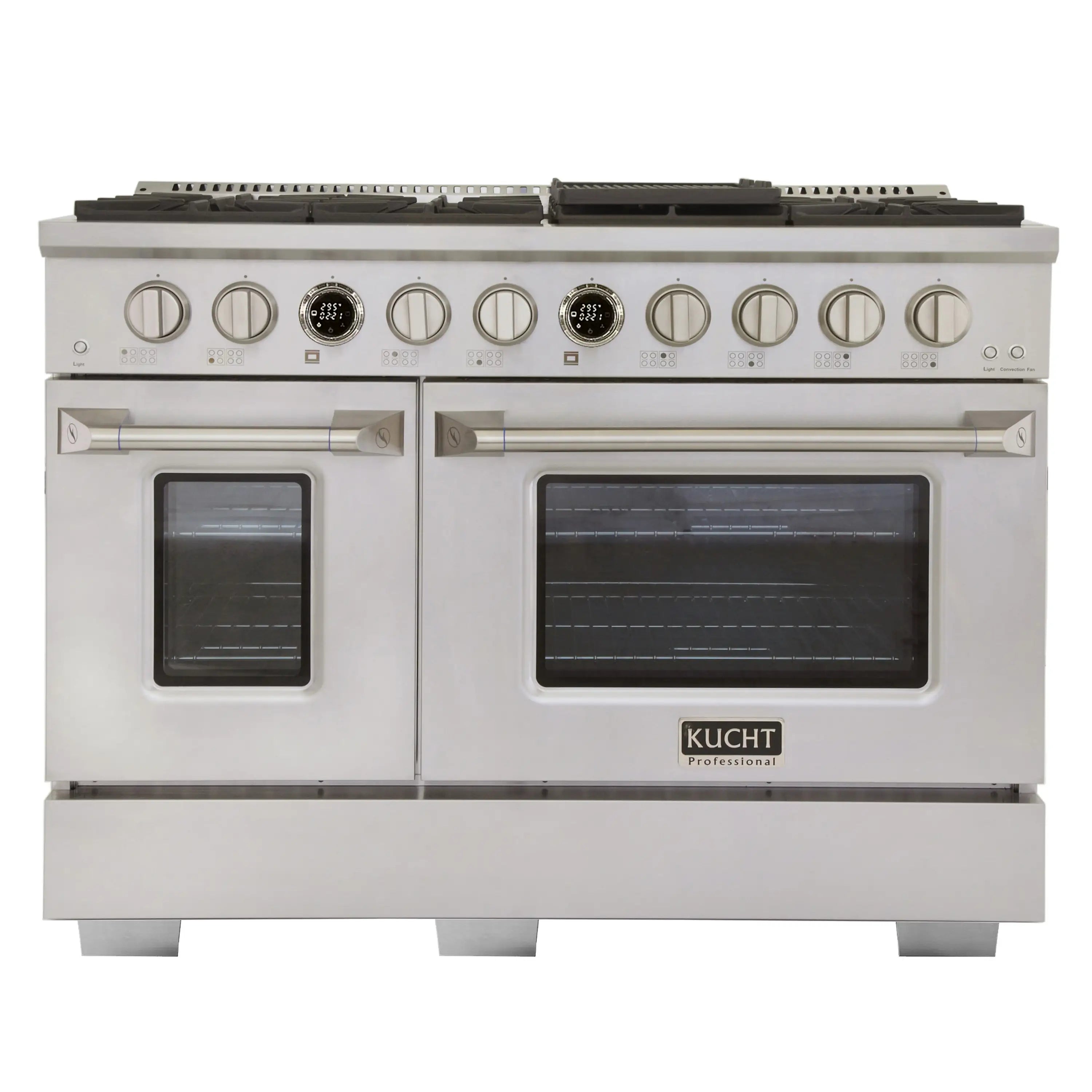Stainless dual fuel range with burners, two oven windows, and front control knobs