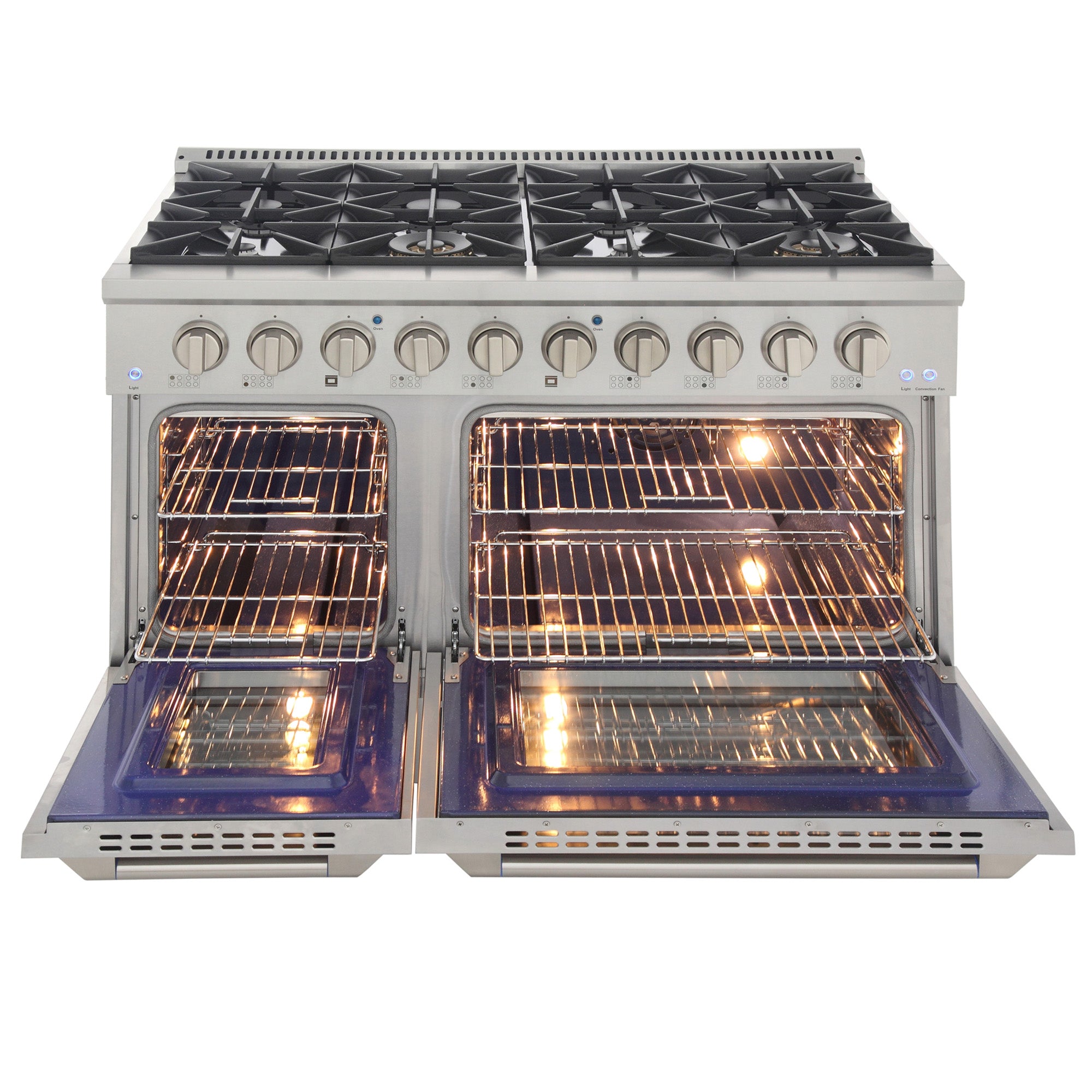 Cement gray dual fuel range with open electric ovens and gas burner grates