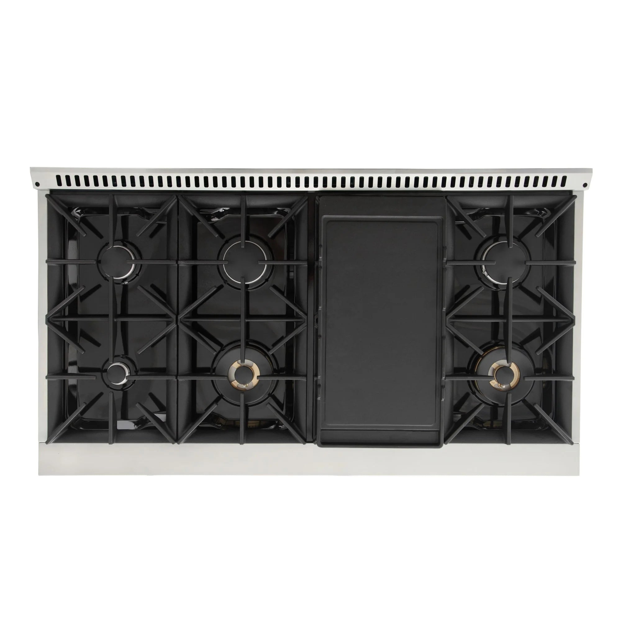 Six-burner gas cooktop with central black griddle-style cover and side burner caps