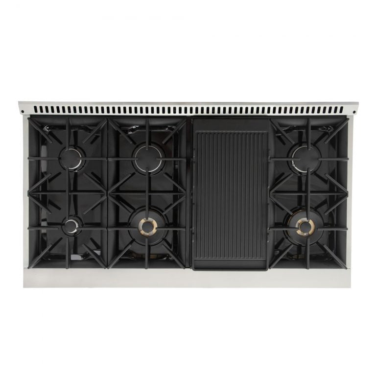 Natural gas range cooktop with a flat griddle insert and surrounding sealed burners.