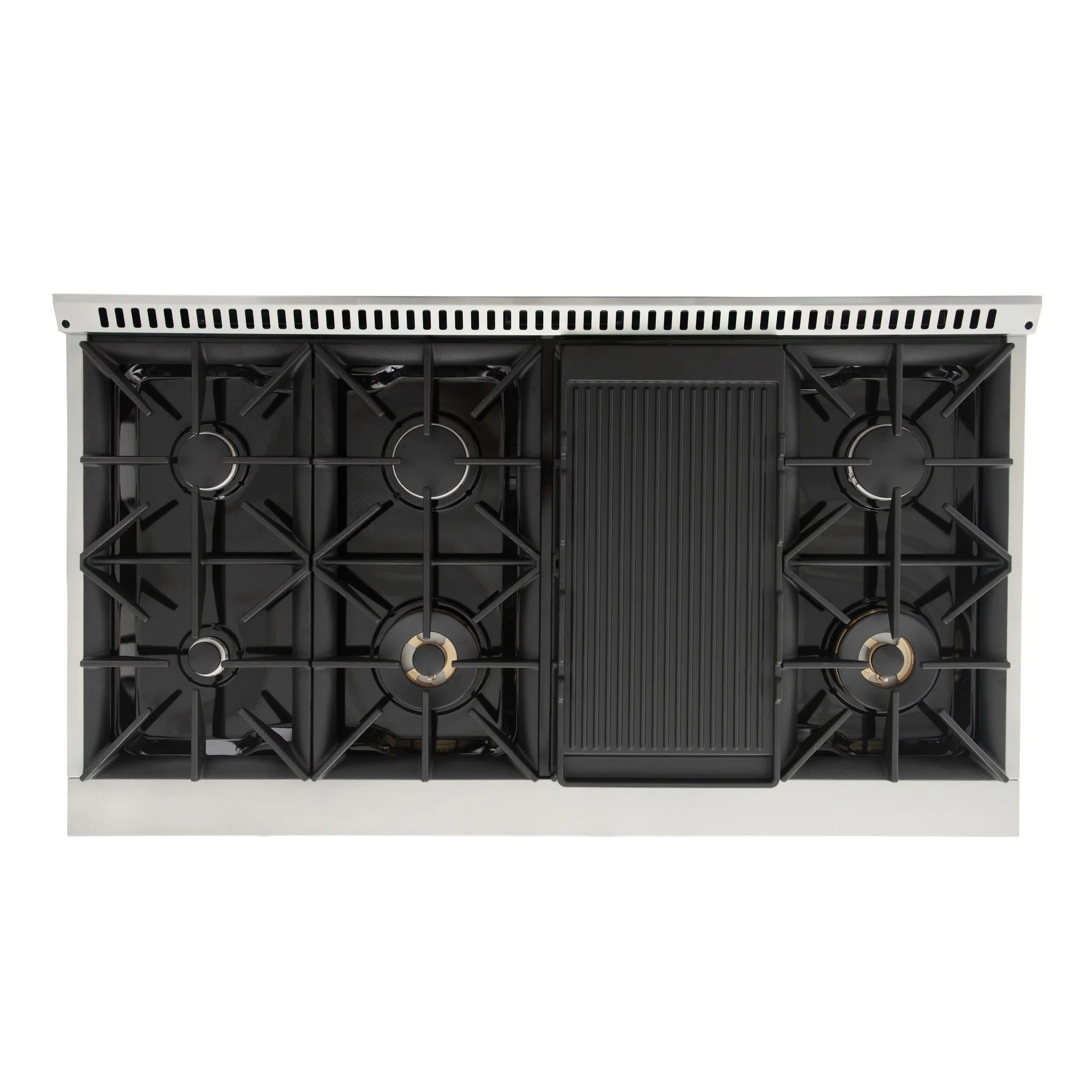Six-burner gas cooktop with ribbed central griddle and side burner caps