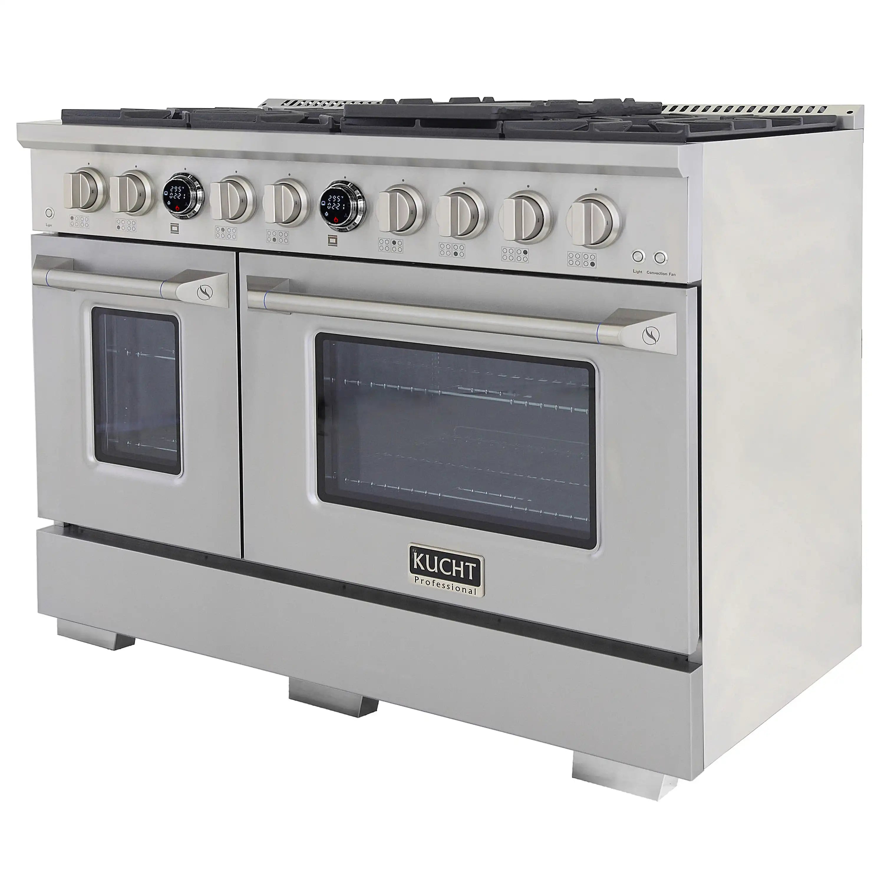 Stainless dual fuel range with control panel and digital burners above two oven windows