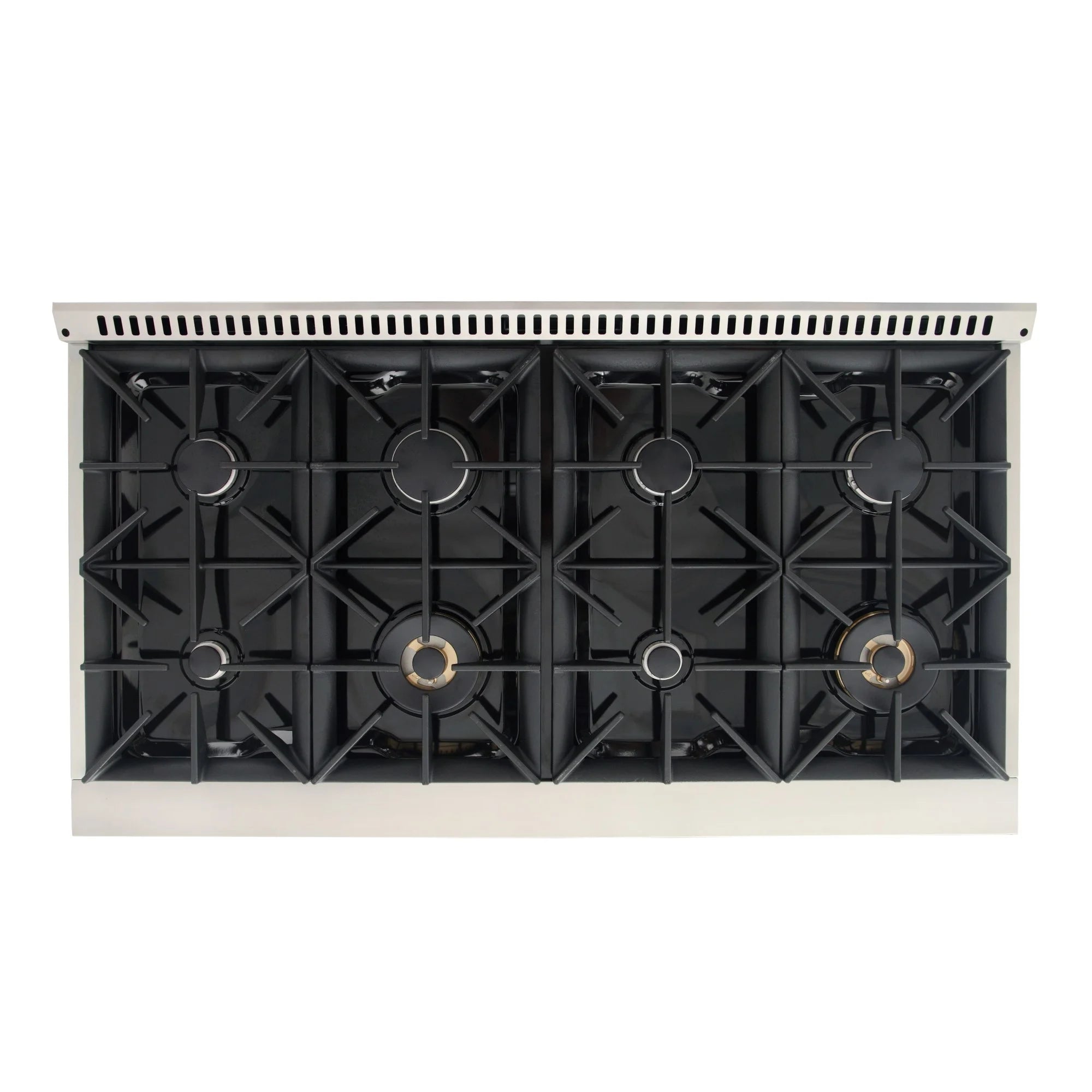 Six-burner gas cooktop with black grates and round burner caps