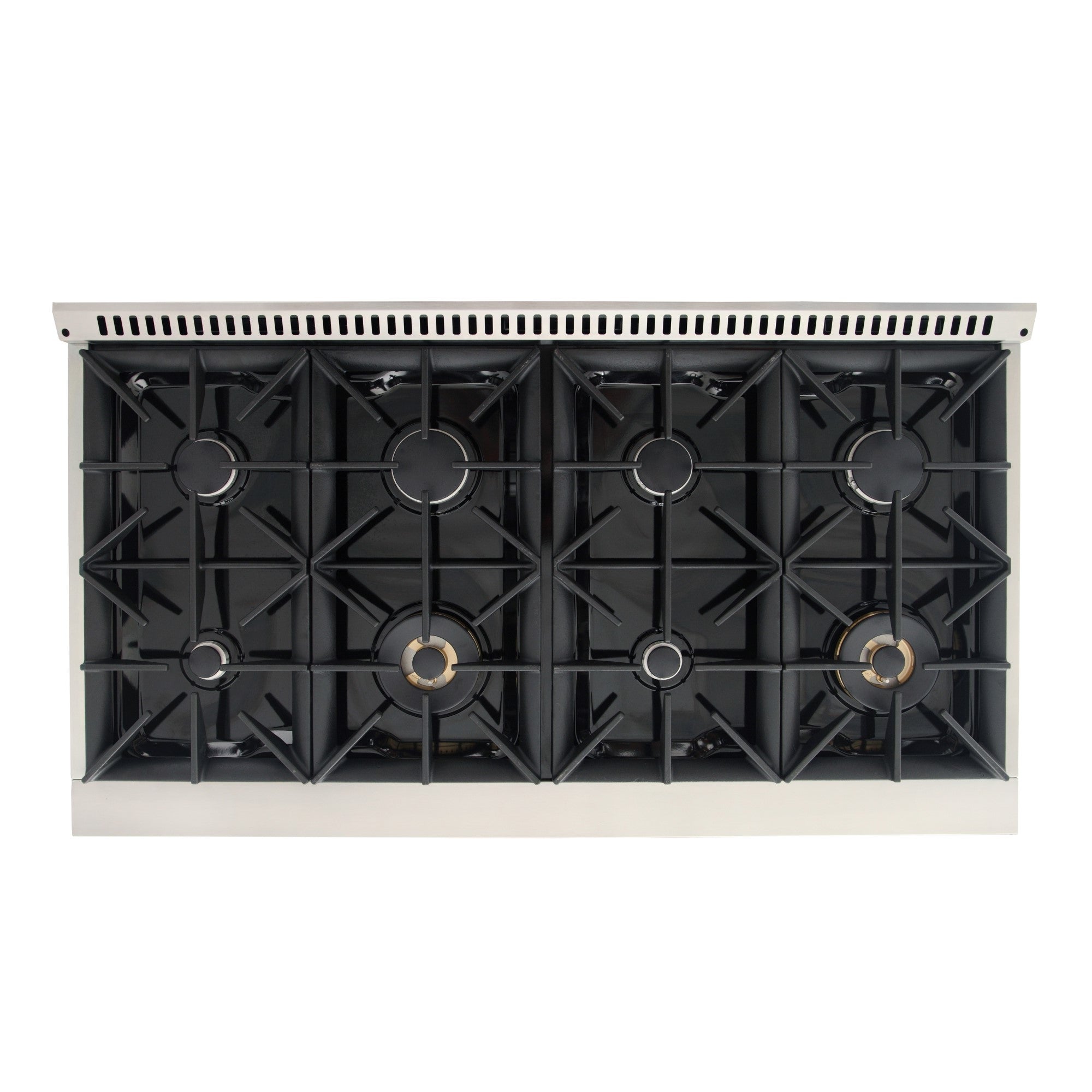 Black gas burner grates inside dual-fuel range cooktop