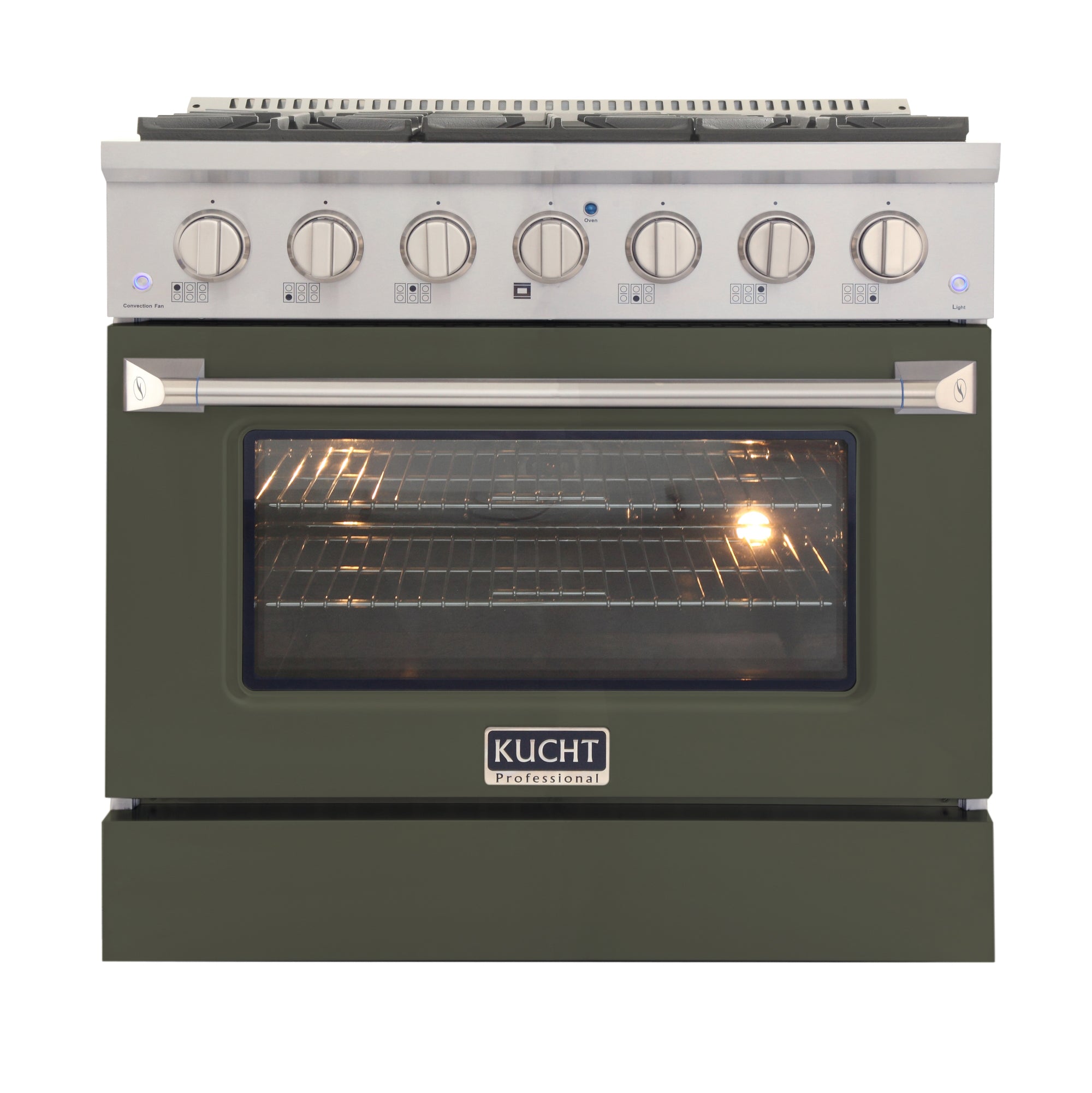 Olive green 36-inch propane gas range with convection oven door open and control knobs