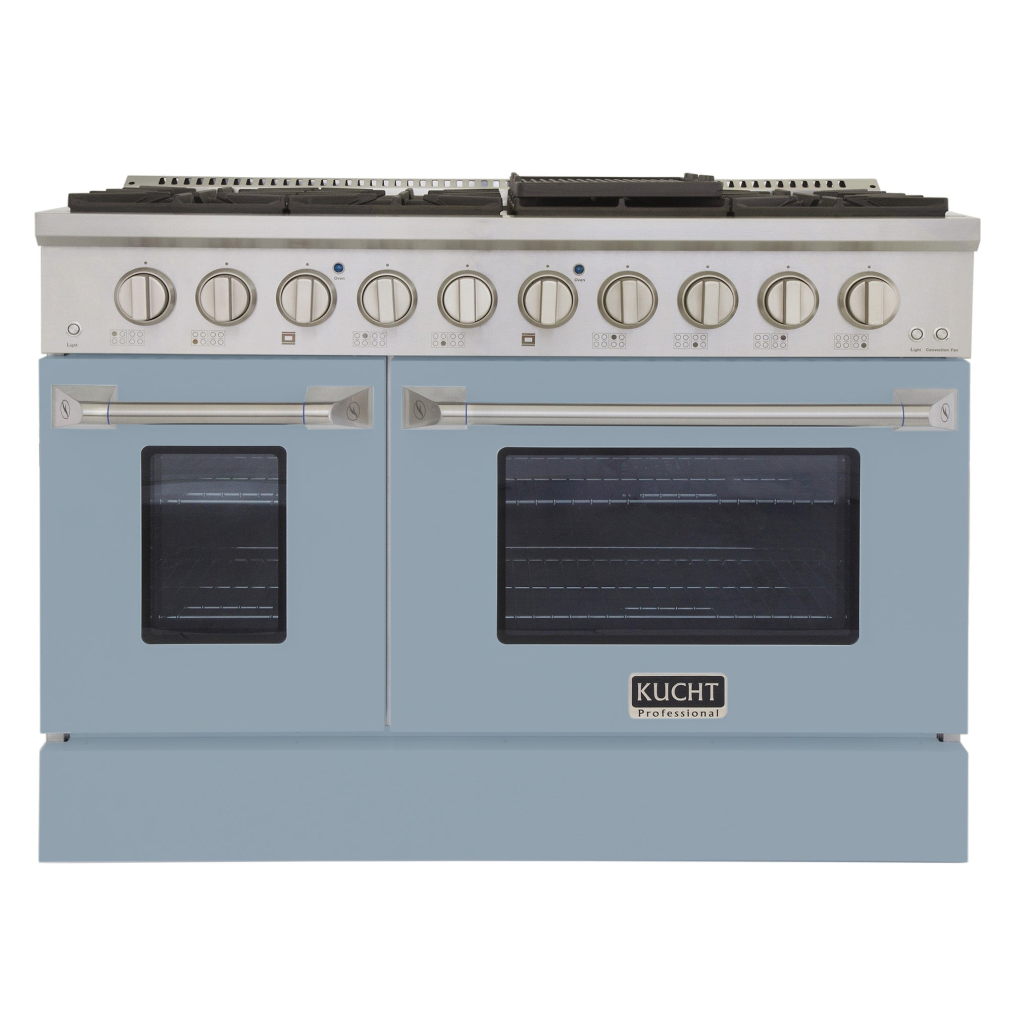 Little blue propane gas range with dual ovens and front control knobs