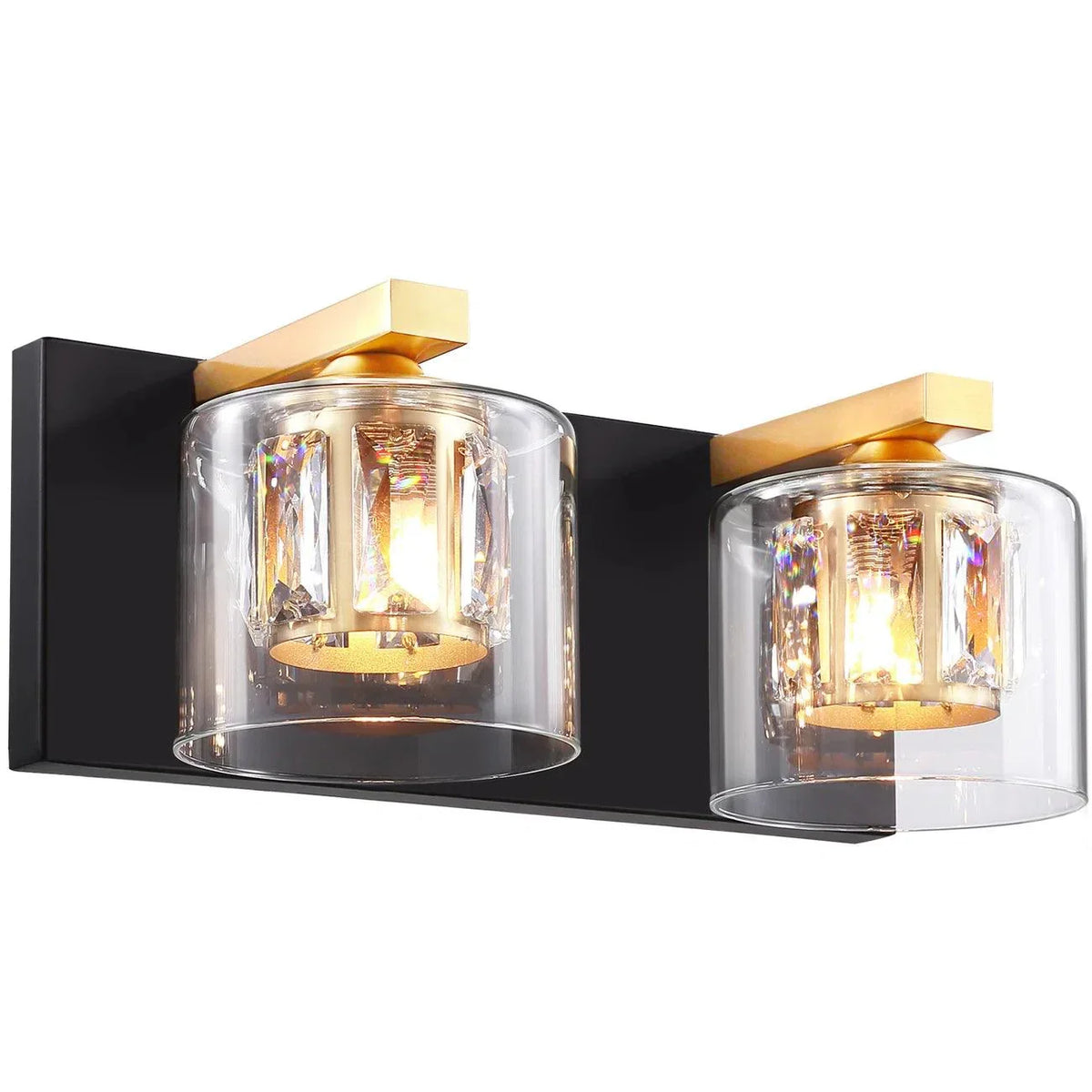 Two-light wall vanity light with clear glass shades and black backplate, gold mounting arms