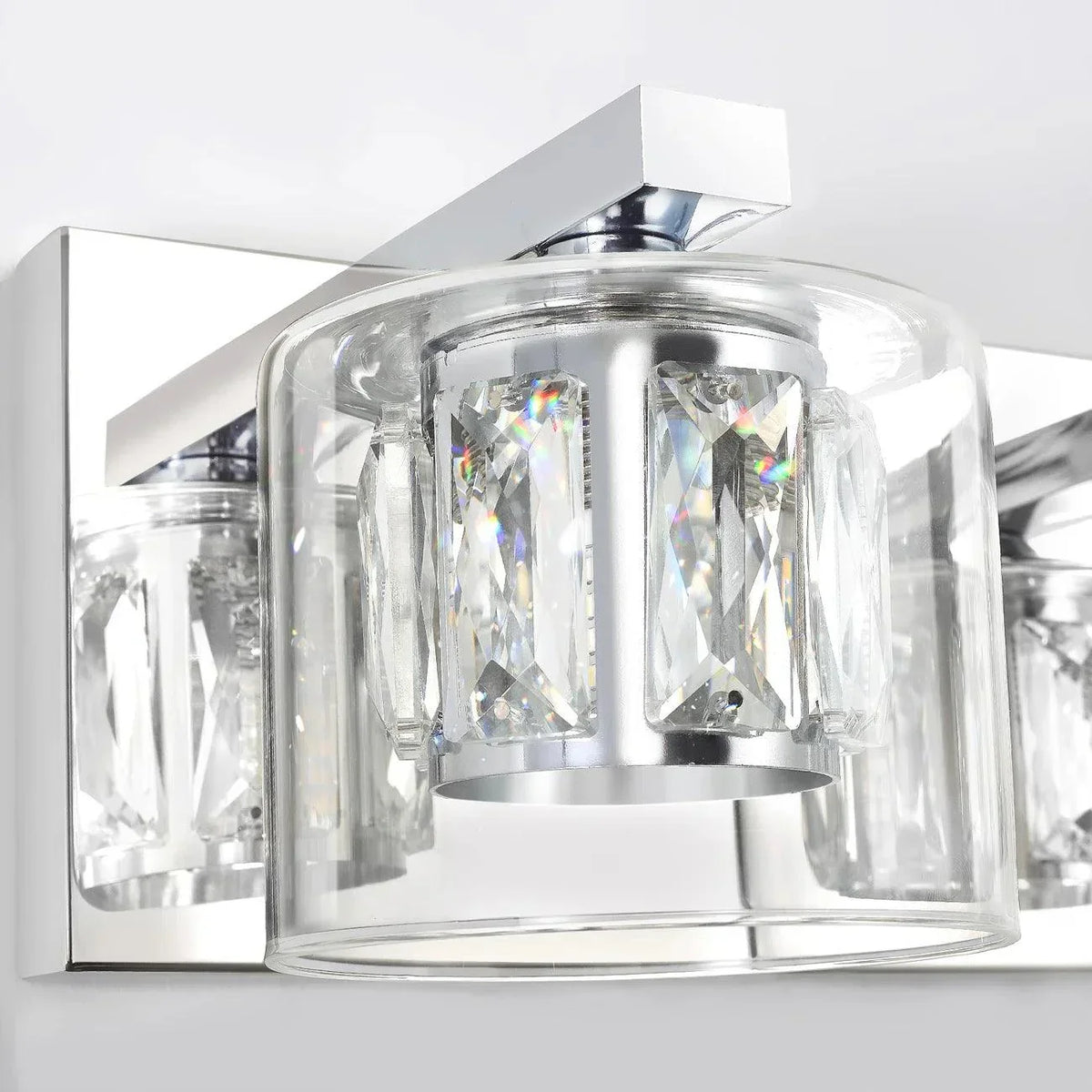 Chrome 2-light vanity light with faceted crystal-like clear glass shades
