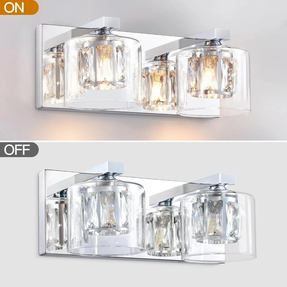 Chrome 2-light bathroom vanity light with clear glass shades and lit bulbs