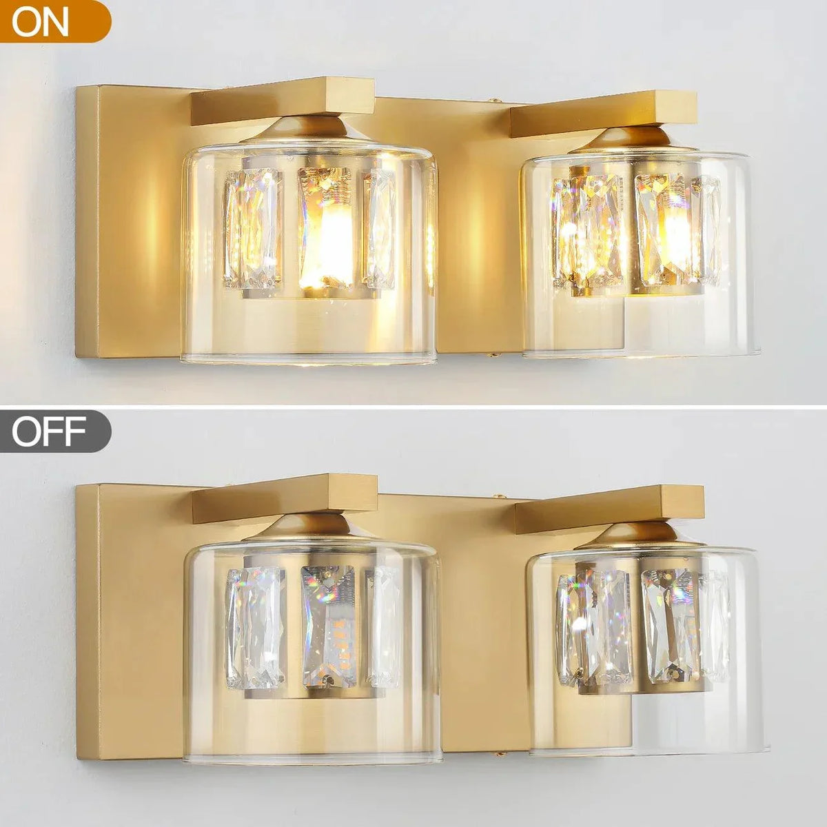 Two-light bathroom vanity light with clear glass shades and golden metal backplate
