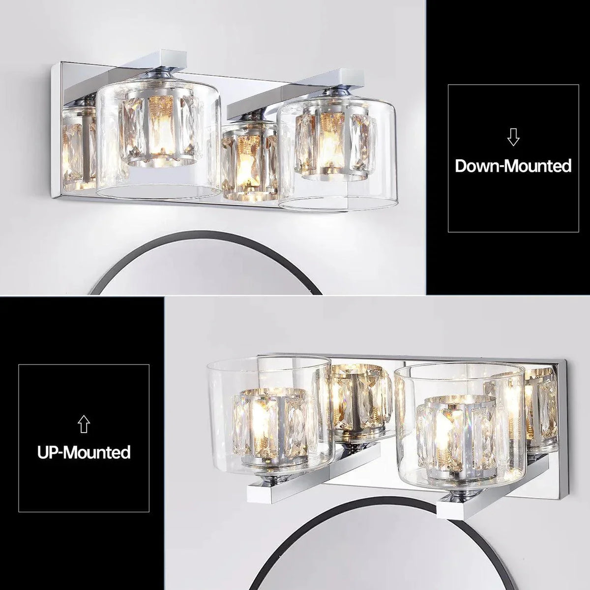 Chrome 2-light bathroom vanity light with clear glass cylinders on wall mount