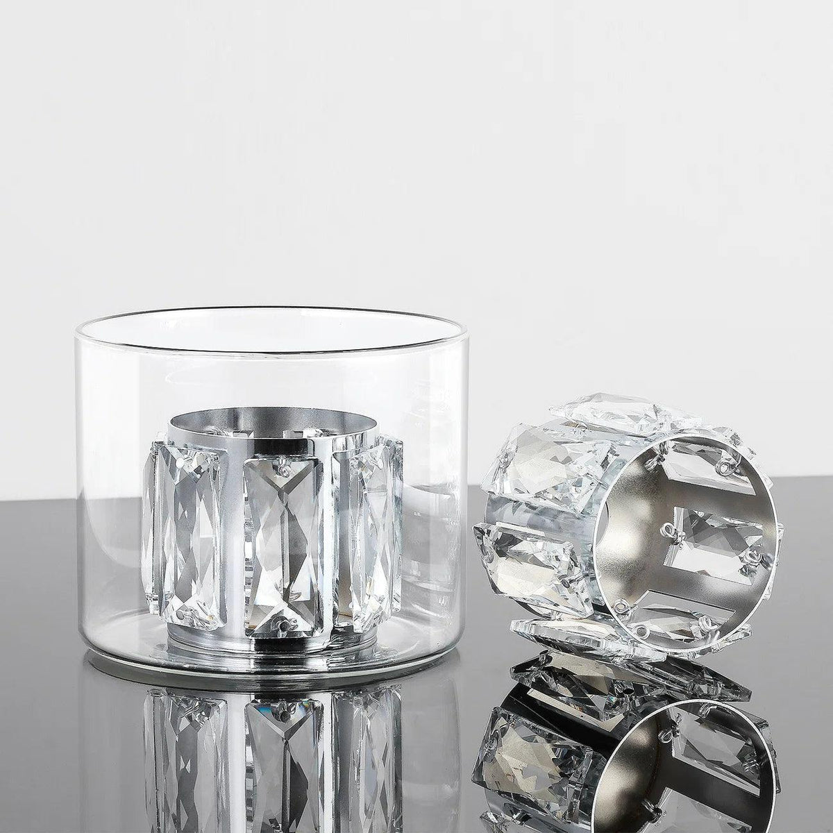 Clear faceted crystal-style glass shade for a 2-light chrome vanity light