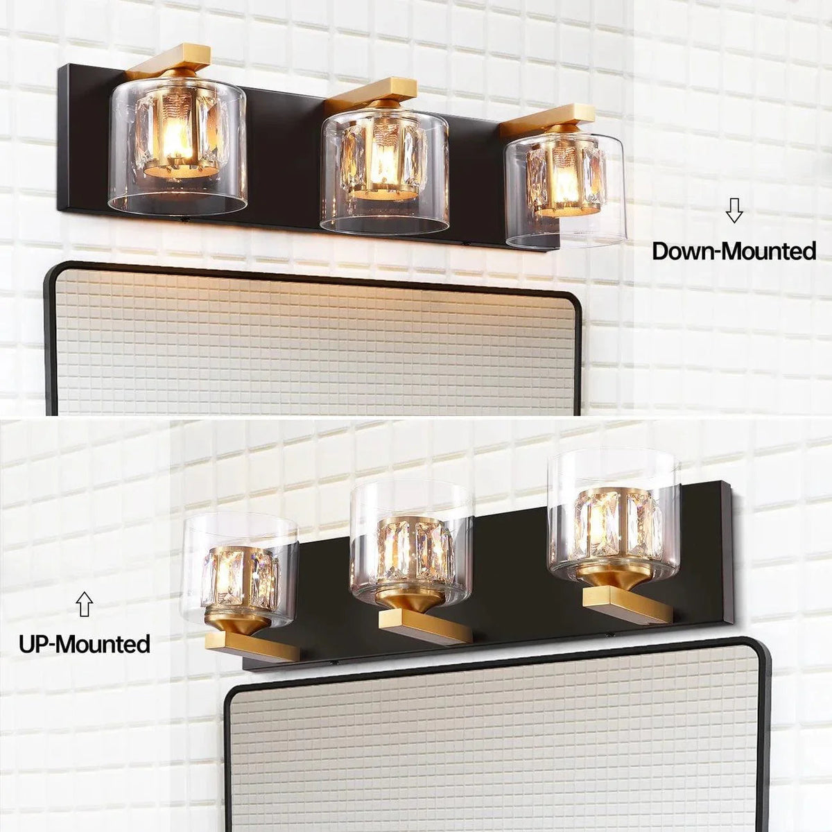 3-light modern bathroom vanity light, black bar with clear glass shades and gold accents