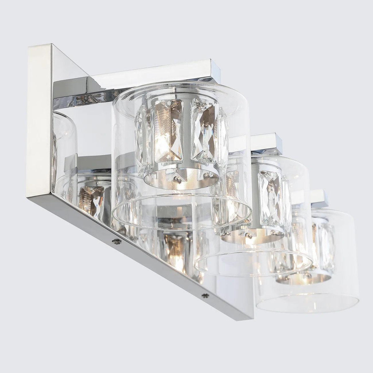 Chrome 3-light vanity light with faceted crystal-style glass cylinders on wall mount