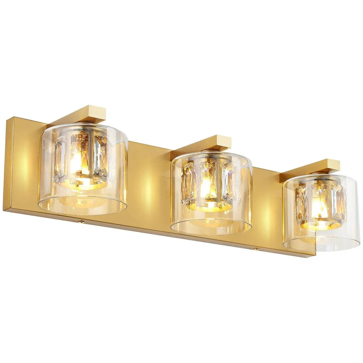 Golden 3-light bathroom vanity light with clear glass shades and rectangular wall mounts