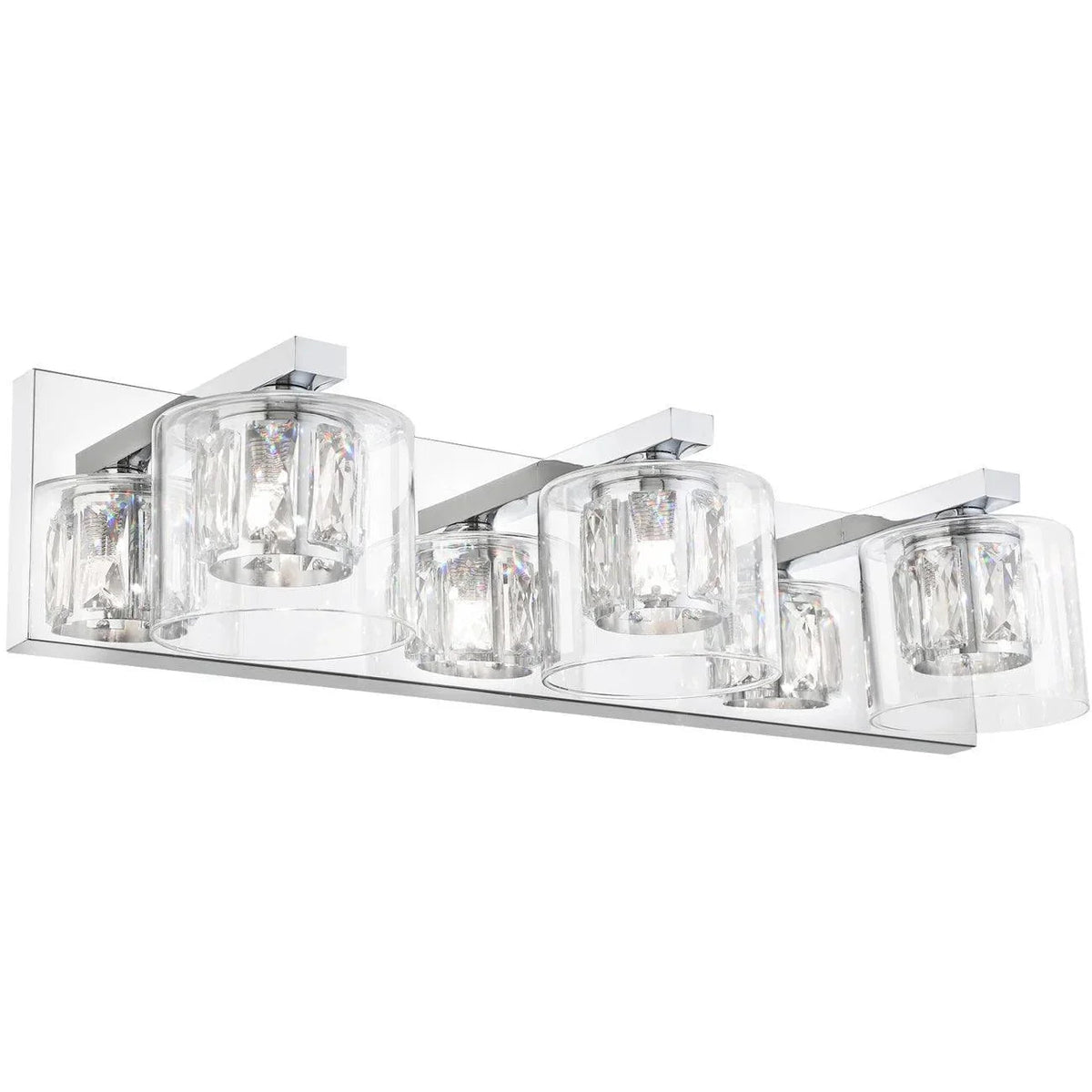 3-light vanity light with chrome backplate and clear cylinder glass shades