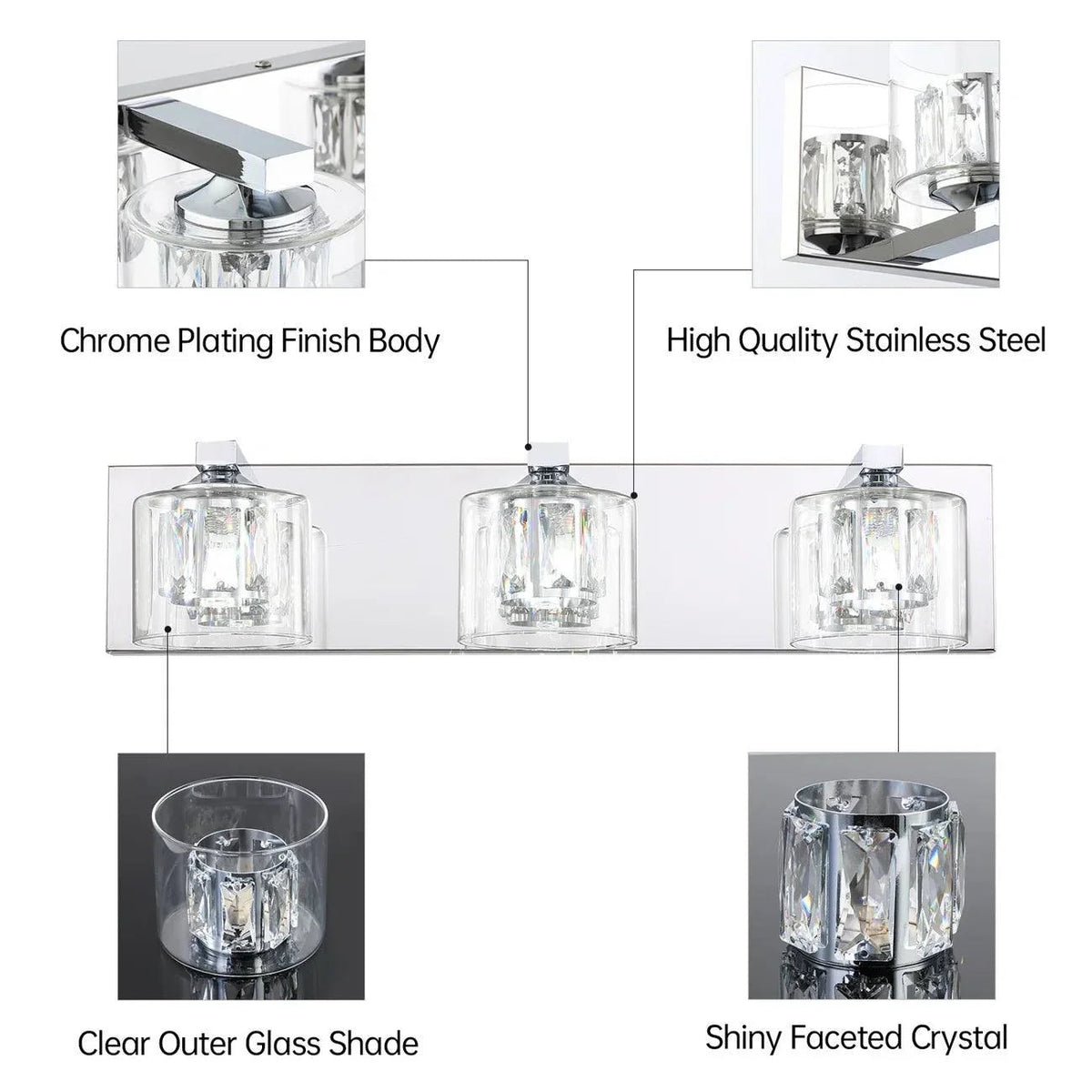 Chrome 3-light vanity light with clear outer glass shade and shiny faceted crystal