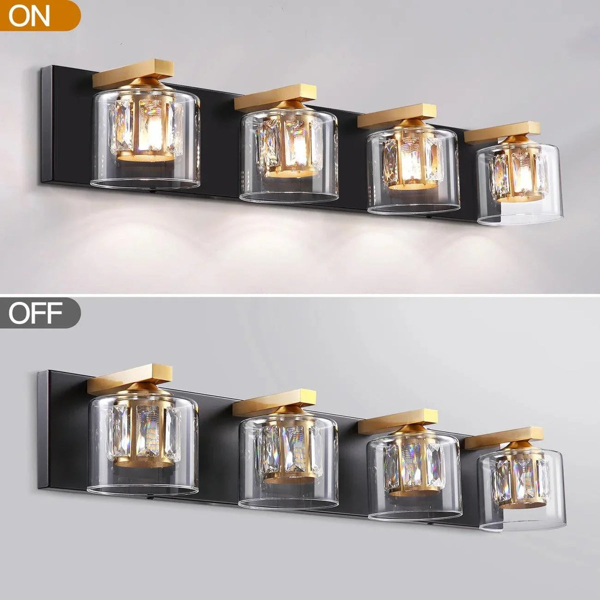 Modern 4-light vanity light shown on and off, with clear glass shades and warm bulbs