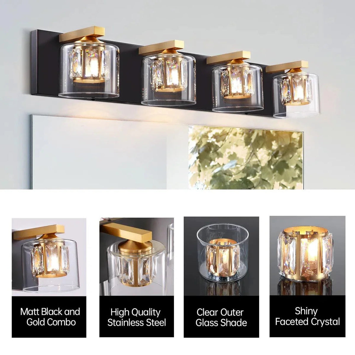 4-light vanity light with faceted clear outer glass shade, gold caps, and black backplate