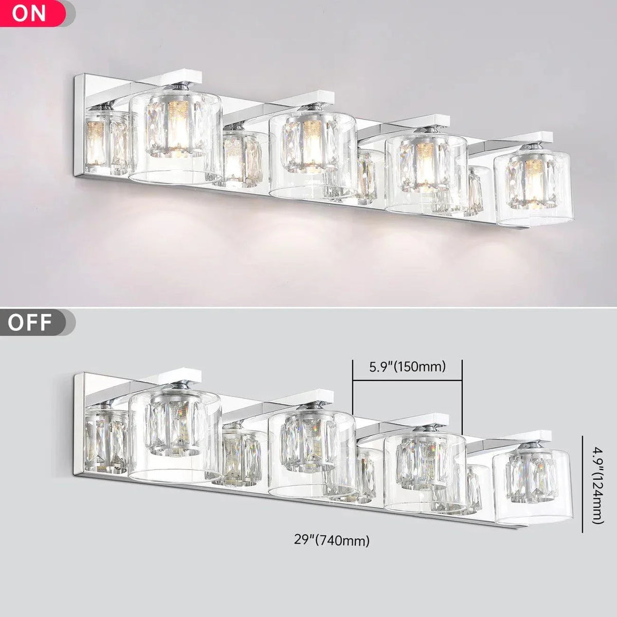 Wall-mounted chrome 4-light vanity light bar shown on and off