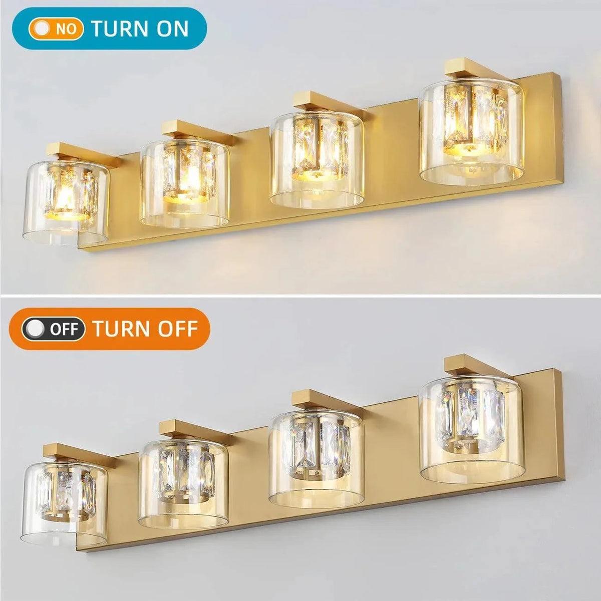 Wall-mounted 4-light vanity light in brush gold with clear glass shades