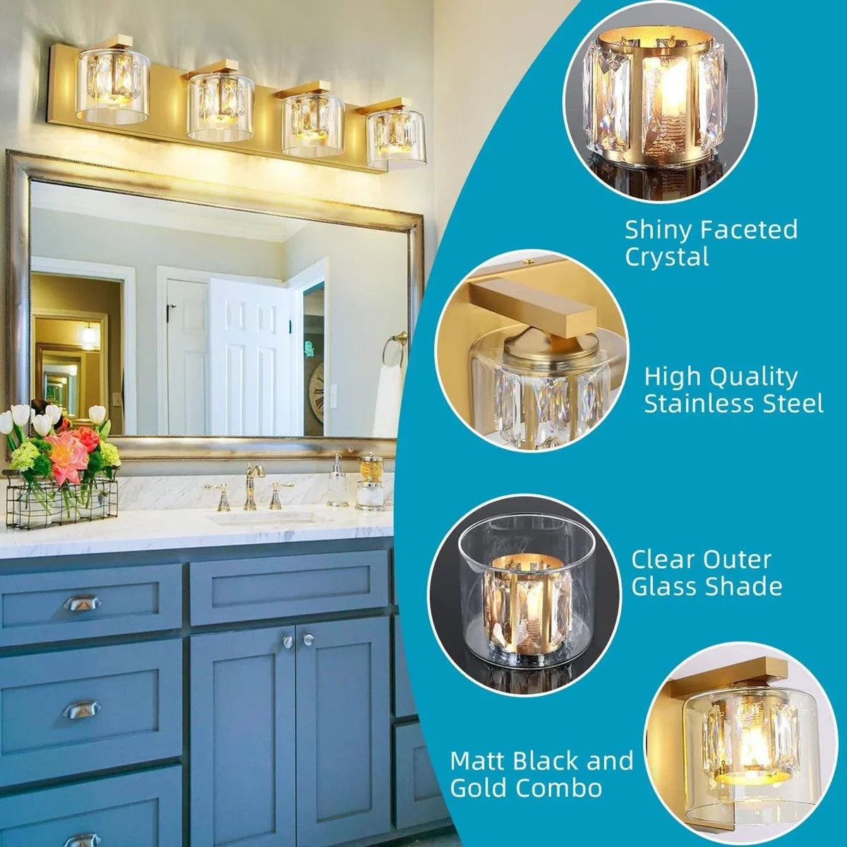 Brush gold 4-light vanity light with clear glass shades and faceted crystal accents