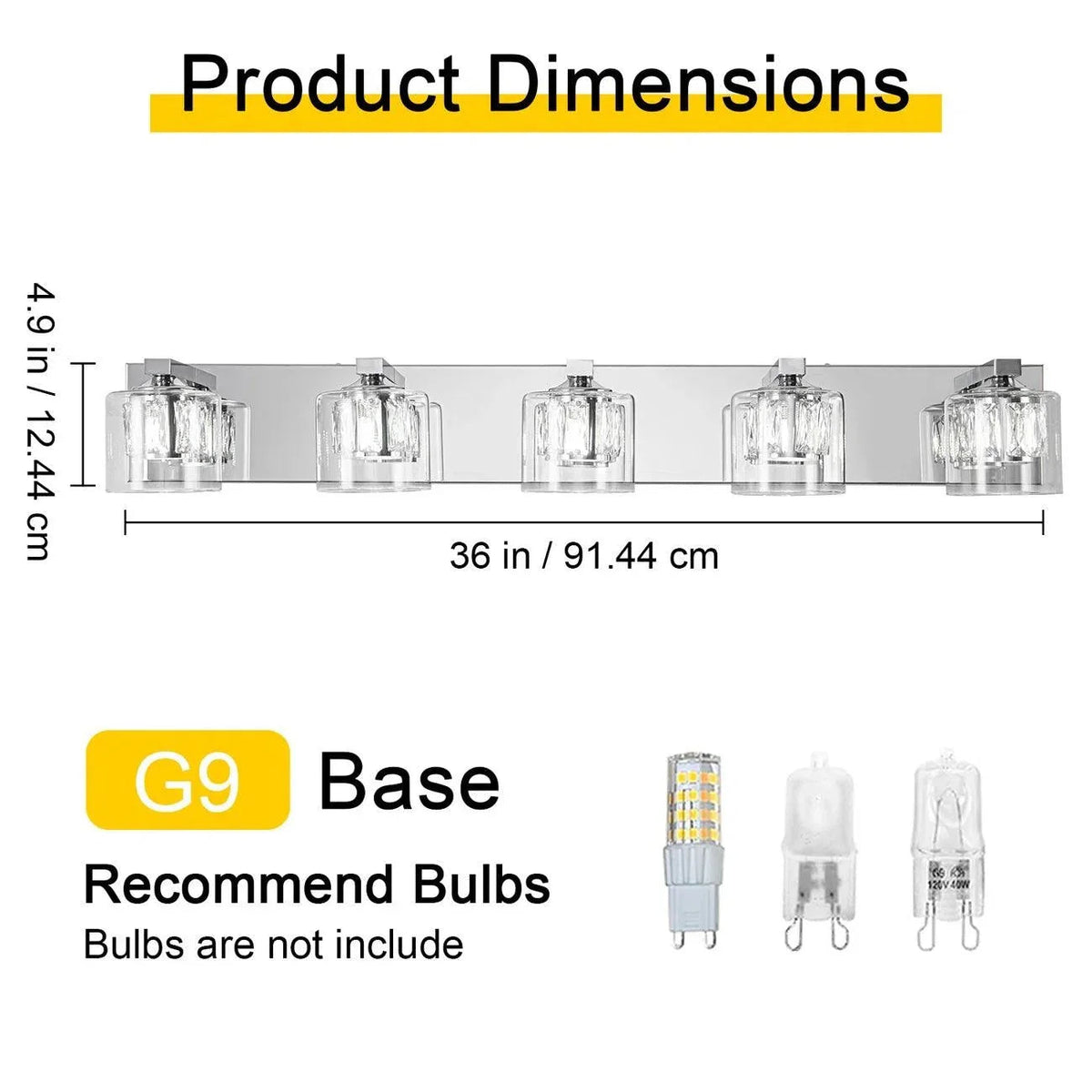 Product dimensions diagram for 5-light vanity light, 36 in wide and 4.9 in high.