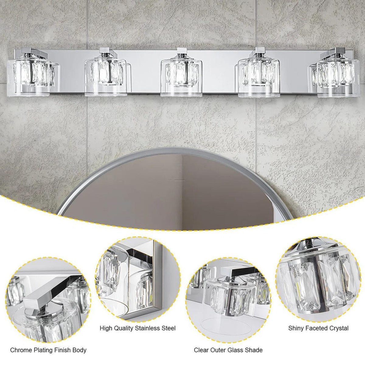 Chrome 5-light vanity light with faceted crystal shades and clear outer glass panels.