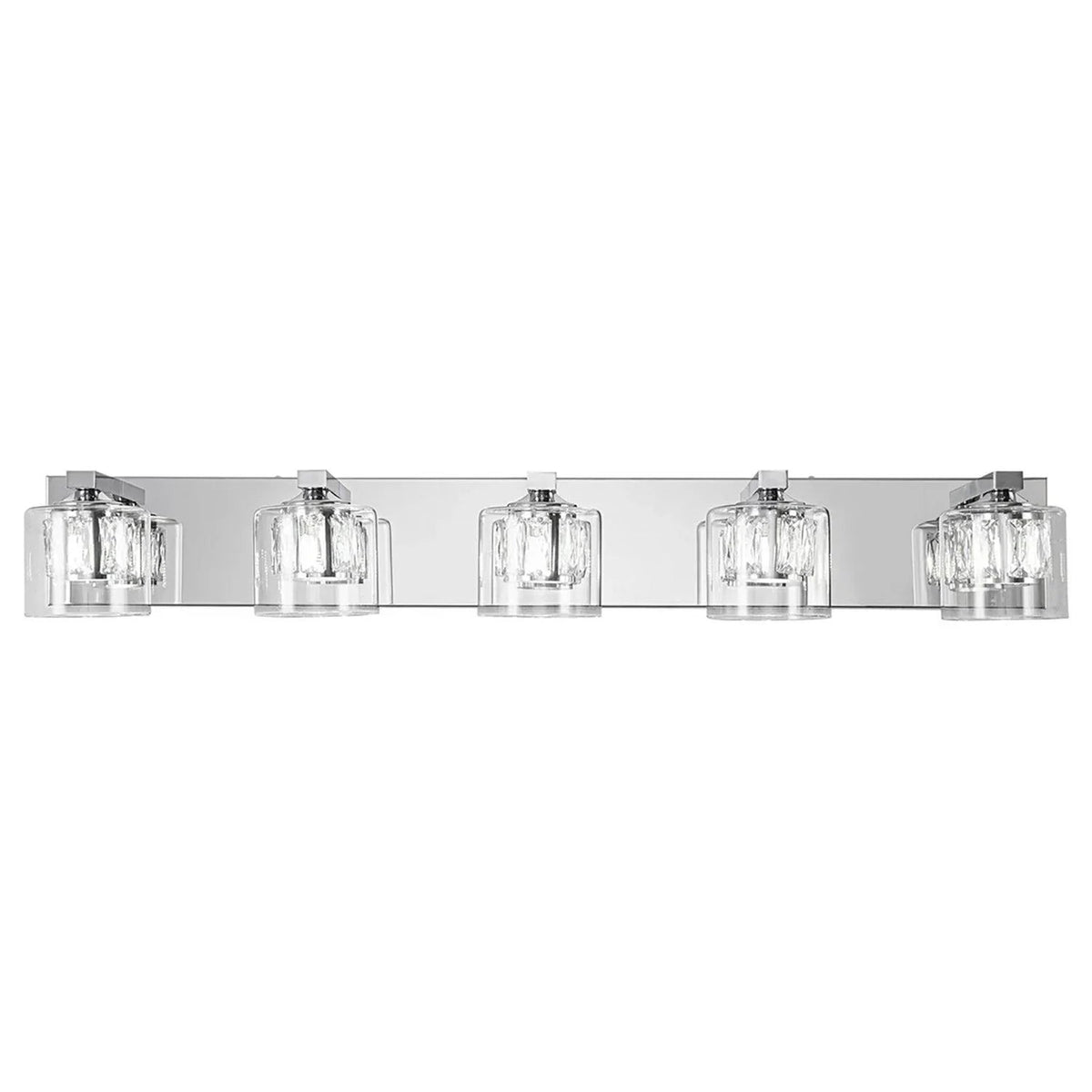 5-light bathroom vanity light with chrome finish and clear glass cylinder shades
