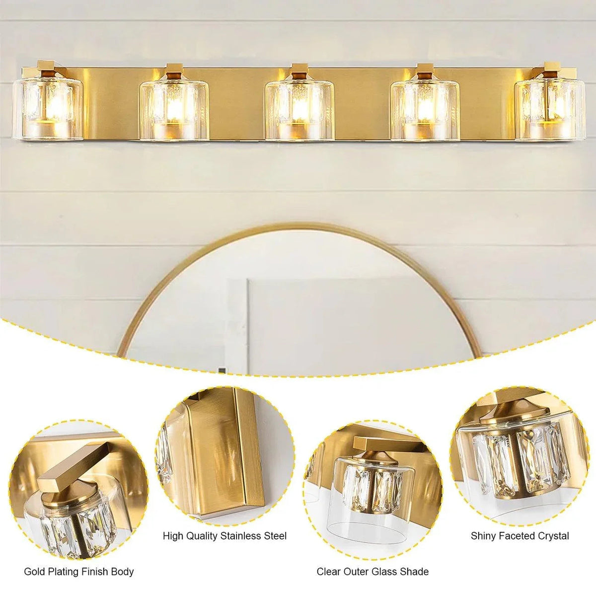 5-light bathroom vanity light with golden backplate and clear glass cylinder shades