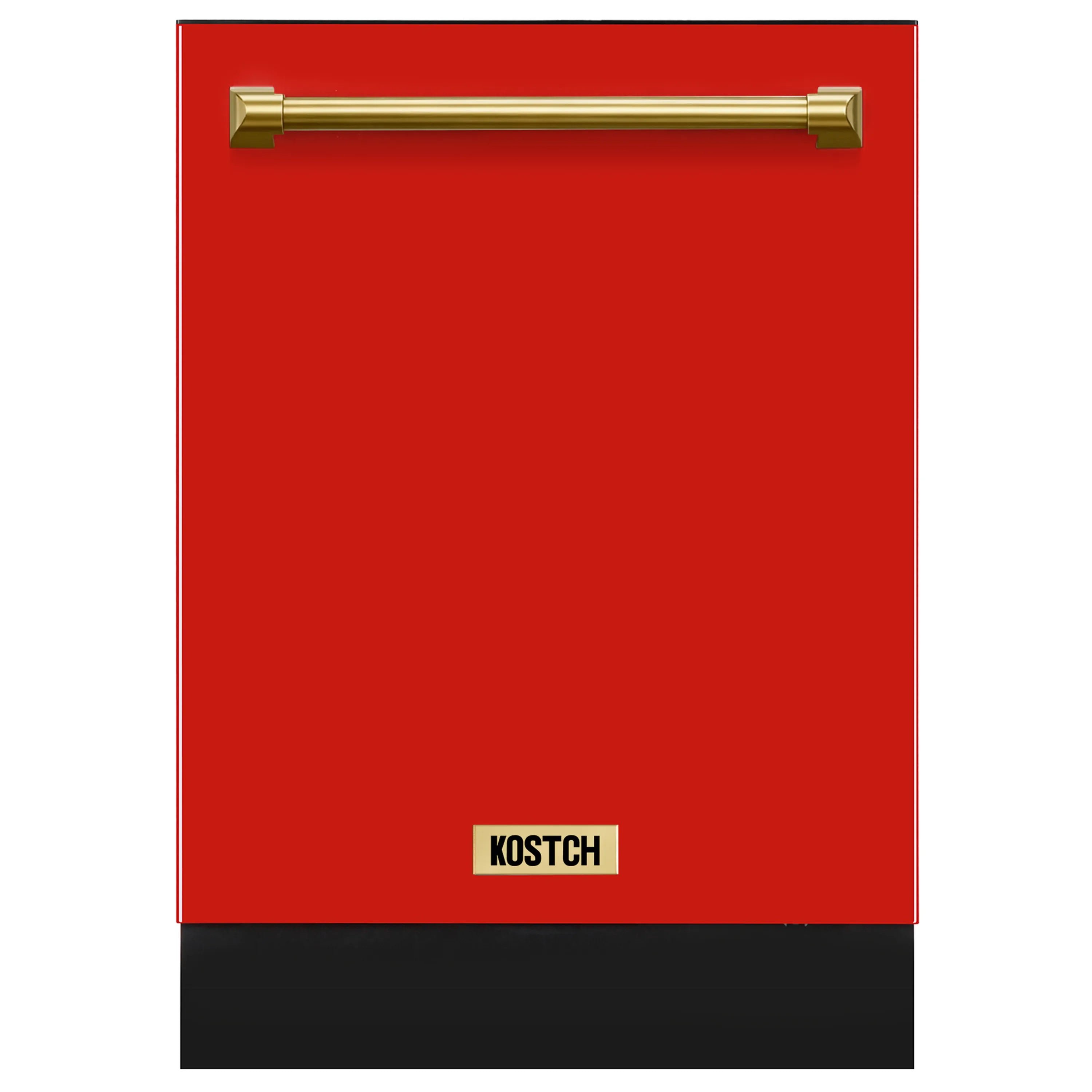 Red dishwasher door with bronze handle bar and KOSTCH logo on lower panel