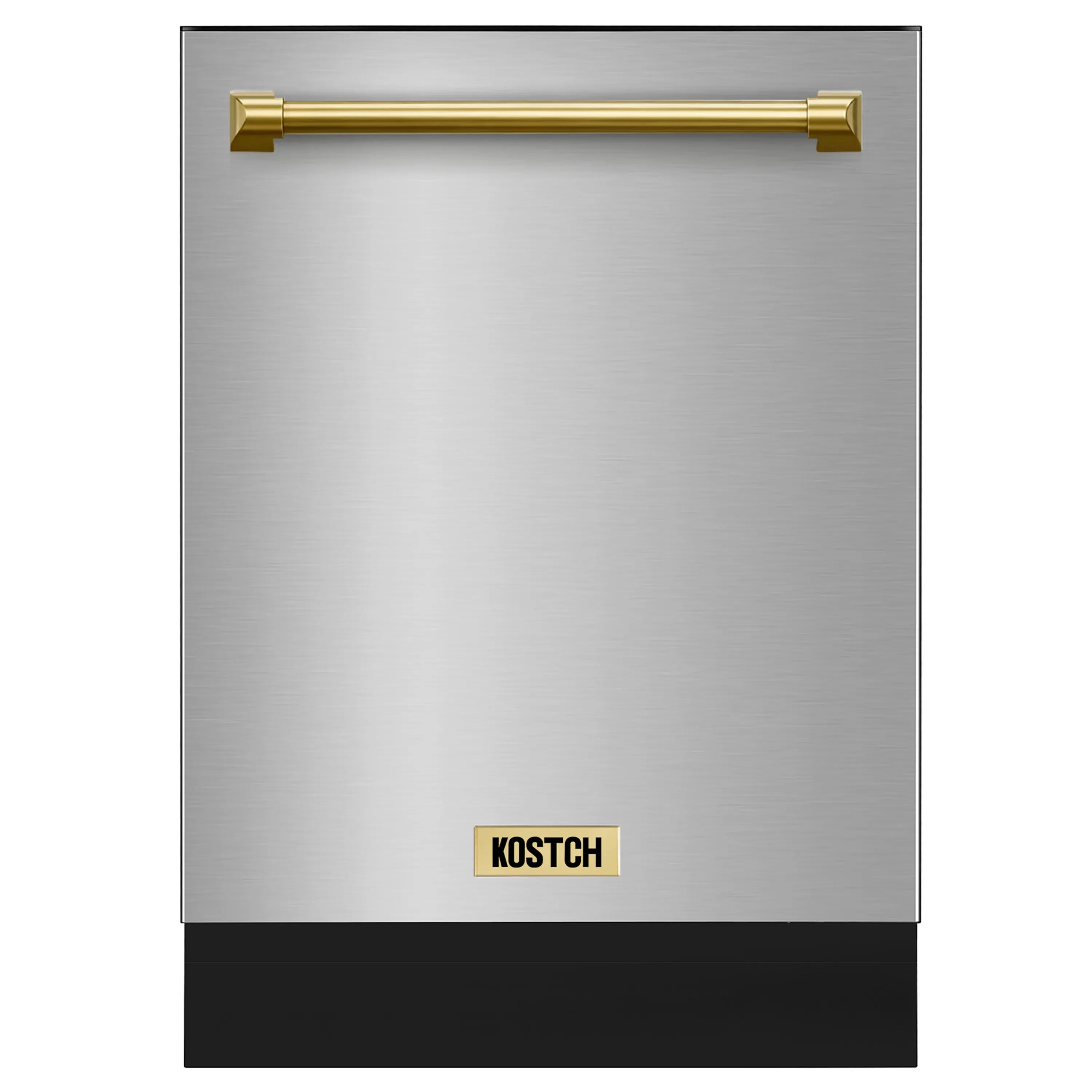 Stainless steel built-in dishwasher front with bronze handle and KOSTCH badge