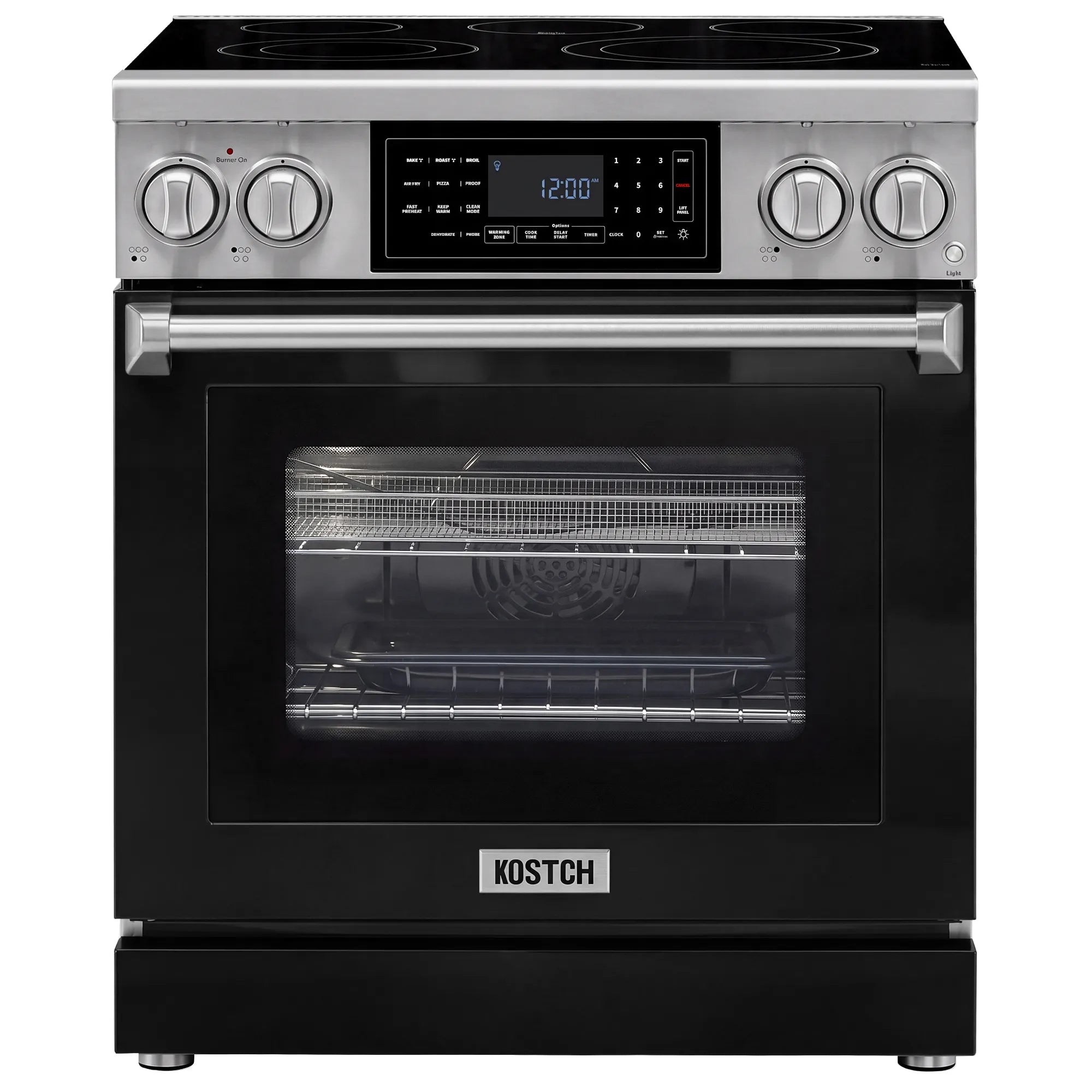 Front view of black electric range with touchscreen panel and stainless control knobs